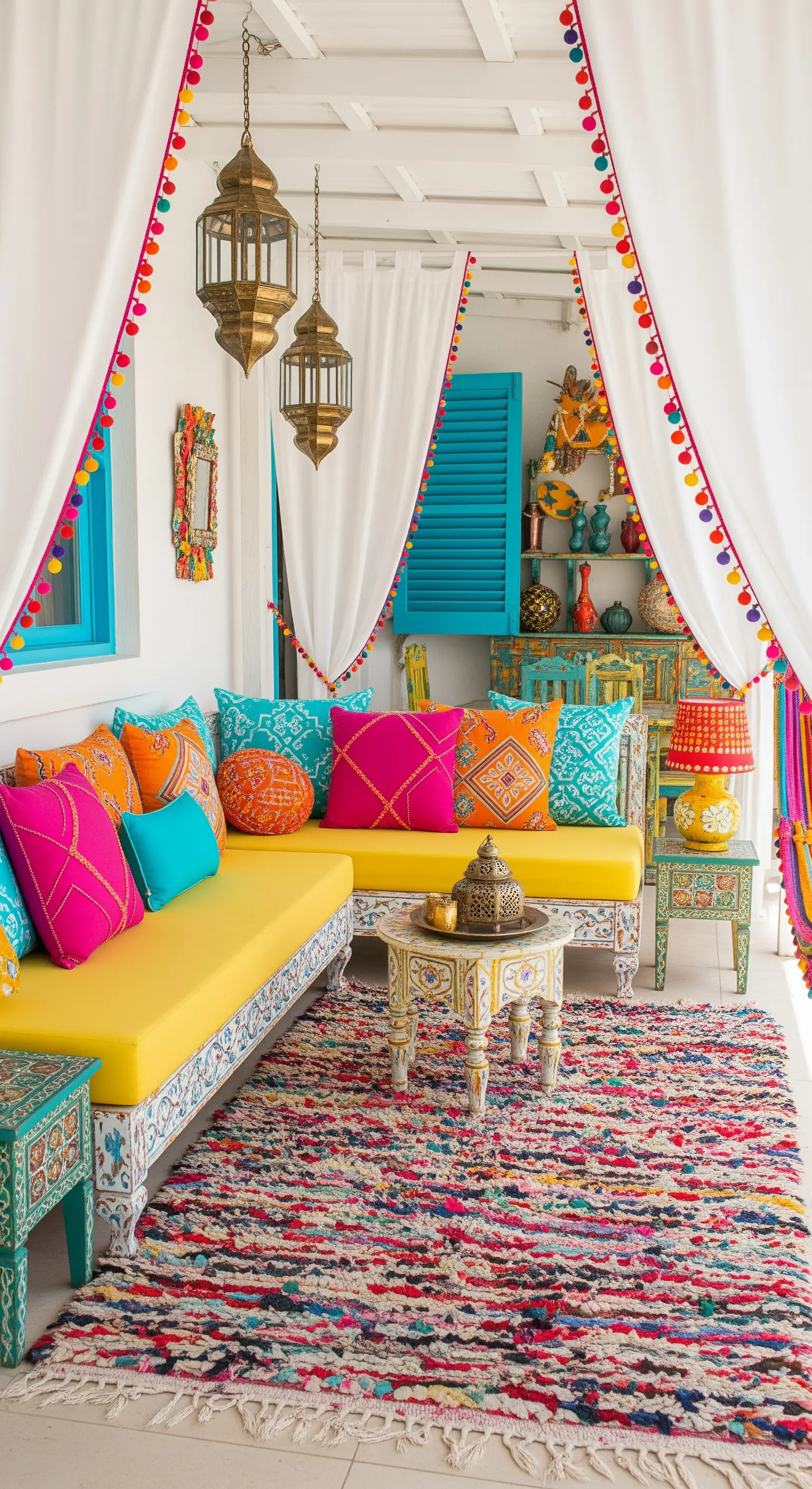 Patio marocchino super colorato con divano giallo, cuscini vivaci e tende con pompon.