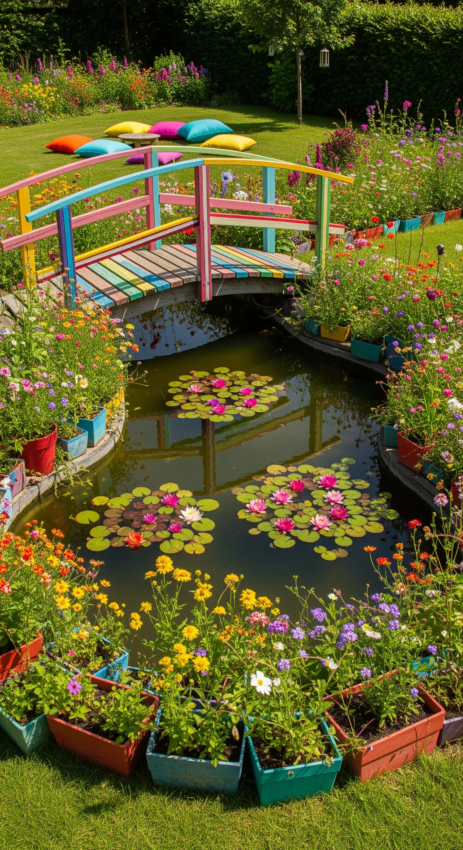 Ponticello con assi dipinte con i colori dell'arcobaleno in un giardino pieno di fiori colorati