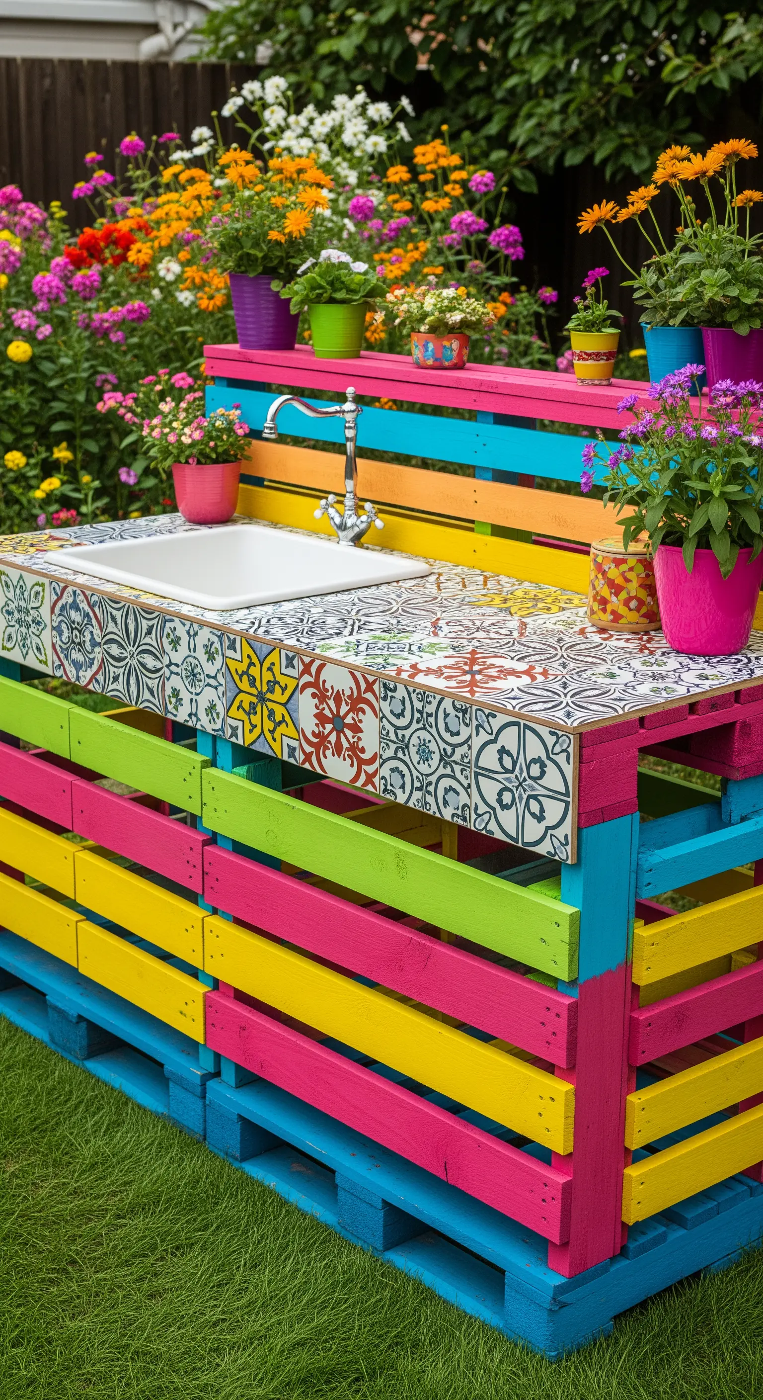 Lavello da giardino super colorato con base in pallet dipinta con strisce vivaci e top piastrellato.