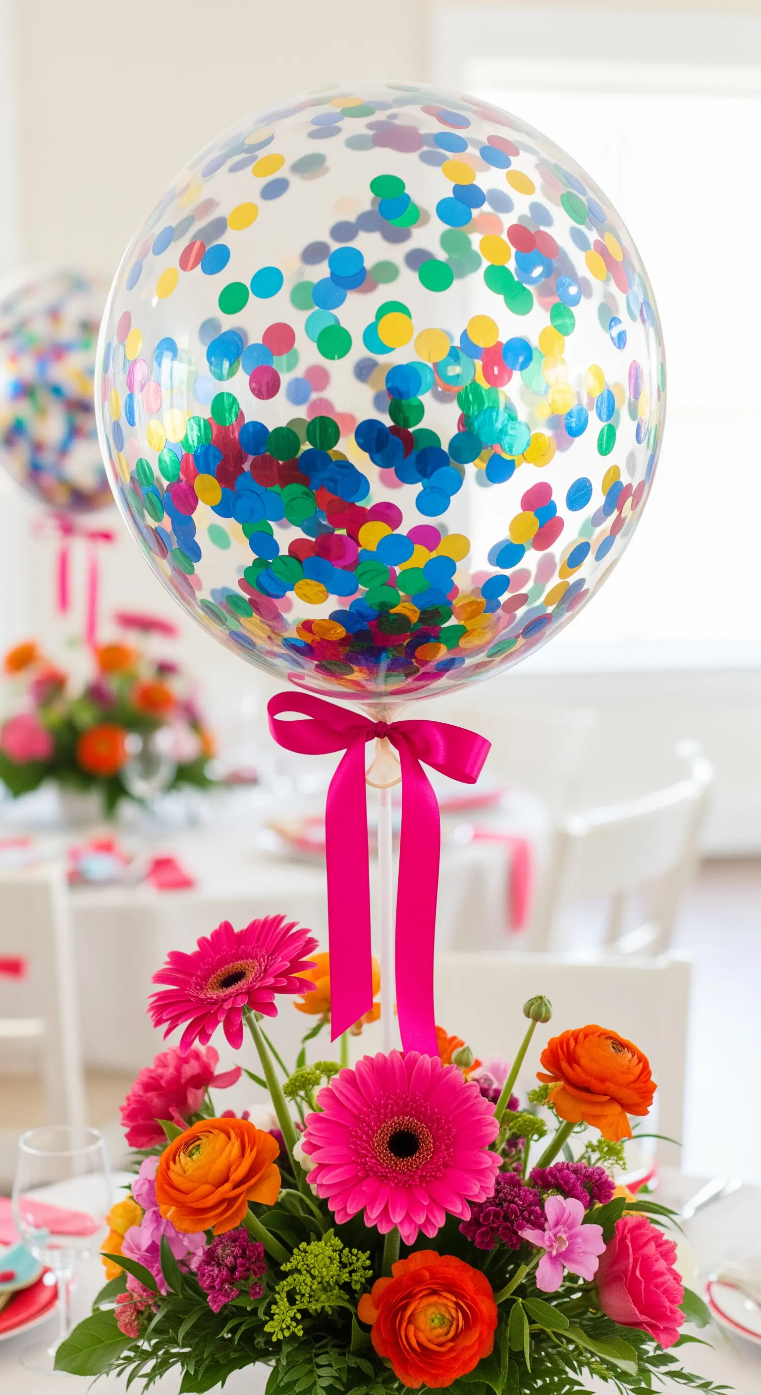 Centrotavola vivace con palloncino dai coriandoli multicolor e fiori fucsia e arancio.