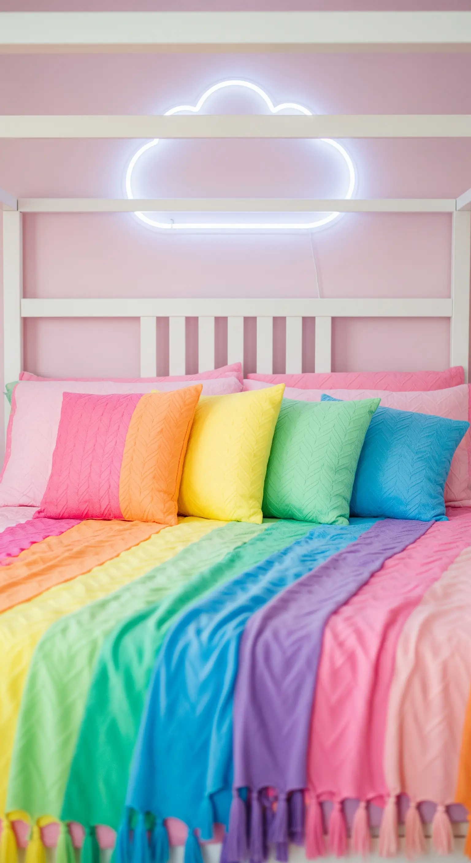 Letto con coperta e cuscini nei colori dell'arcobaleno pastello.