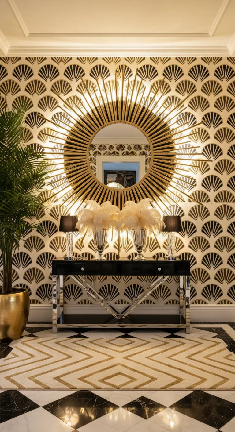 Specchio a raggiera dorato e retroilluminato su carta da parati optical Art Déco.