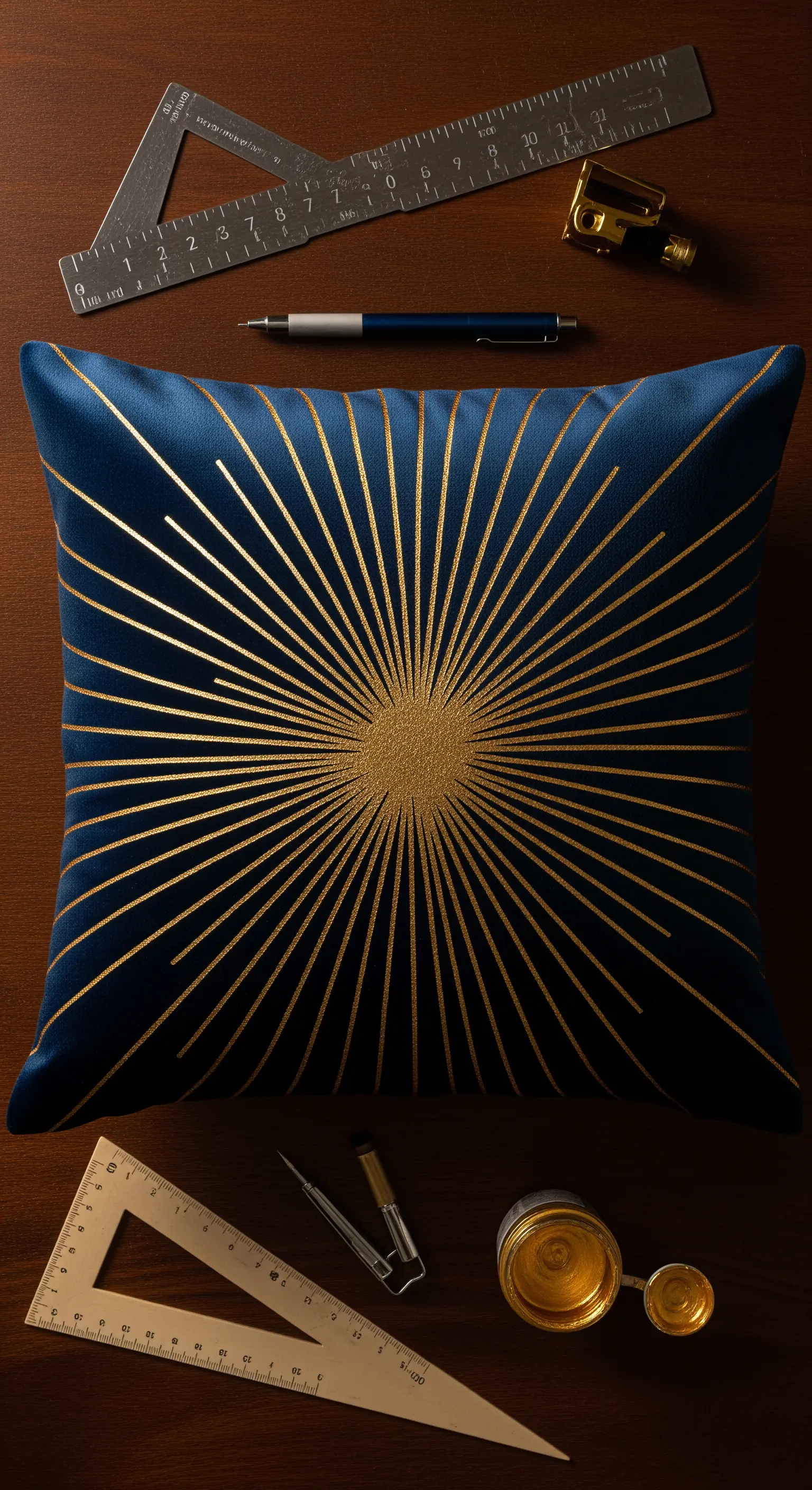 Cuscino in velluto blu con un motivo a raggiera dorato, circondato da strumenti da disegno tecnico.