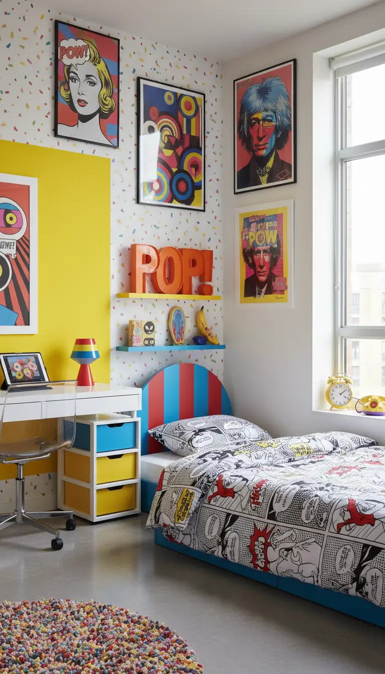 Camera da letto a tema Pop Art con quadri di fumetti, parete gialla e arredi colorati.