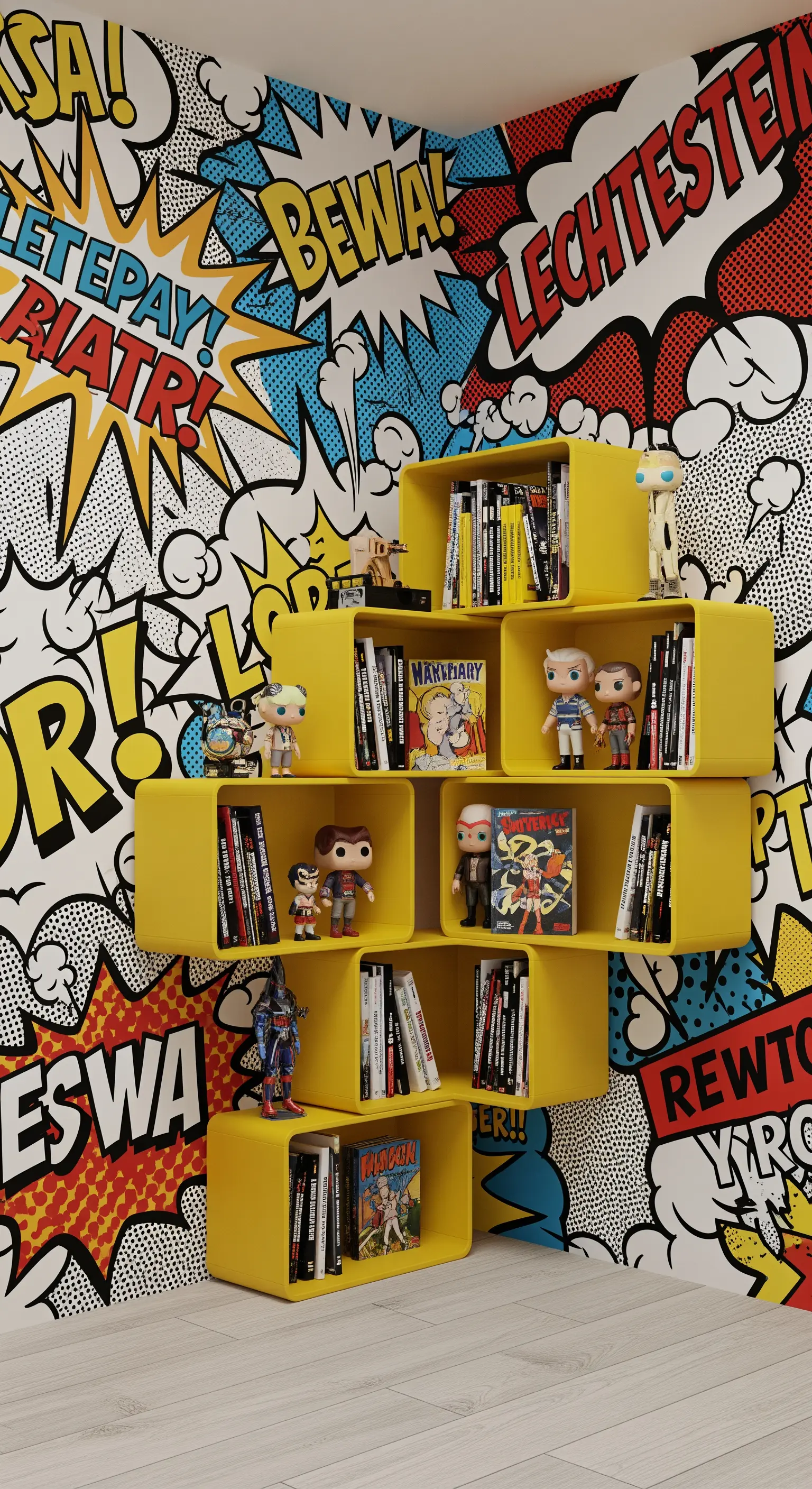 Mensole modulari gialle contro una parete con un murale a fumetti in stile pop art.