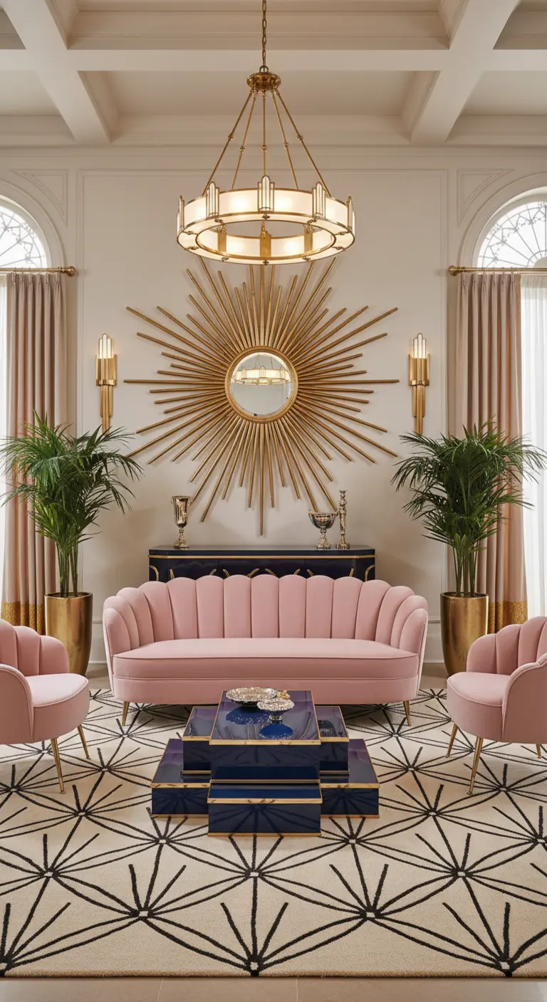 Grande specchio dorato a forma di sole sopra un divano rosa in stile Art Déco.