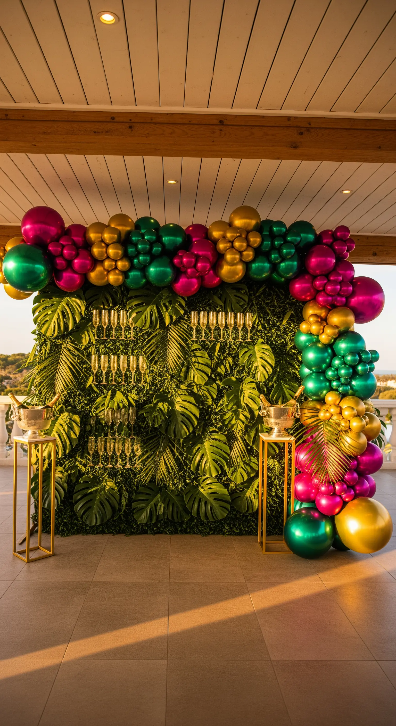 Parete di foglie tropicali con arco di palloncini fucsia, verde smeraldo e oro.