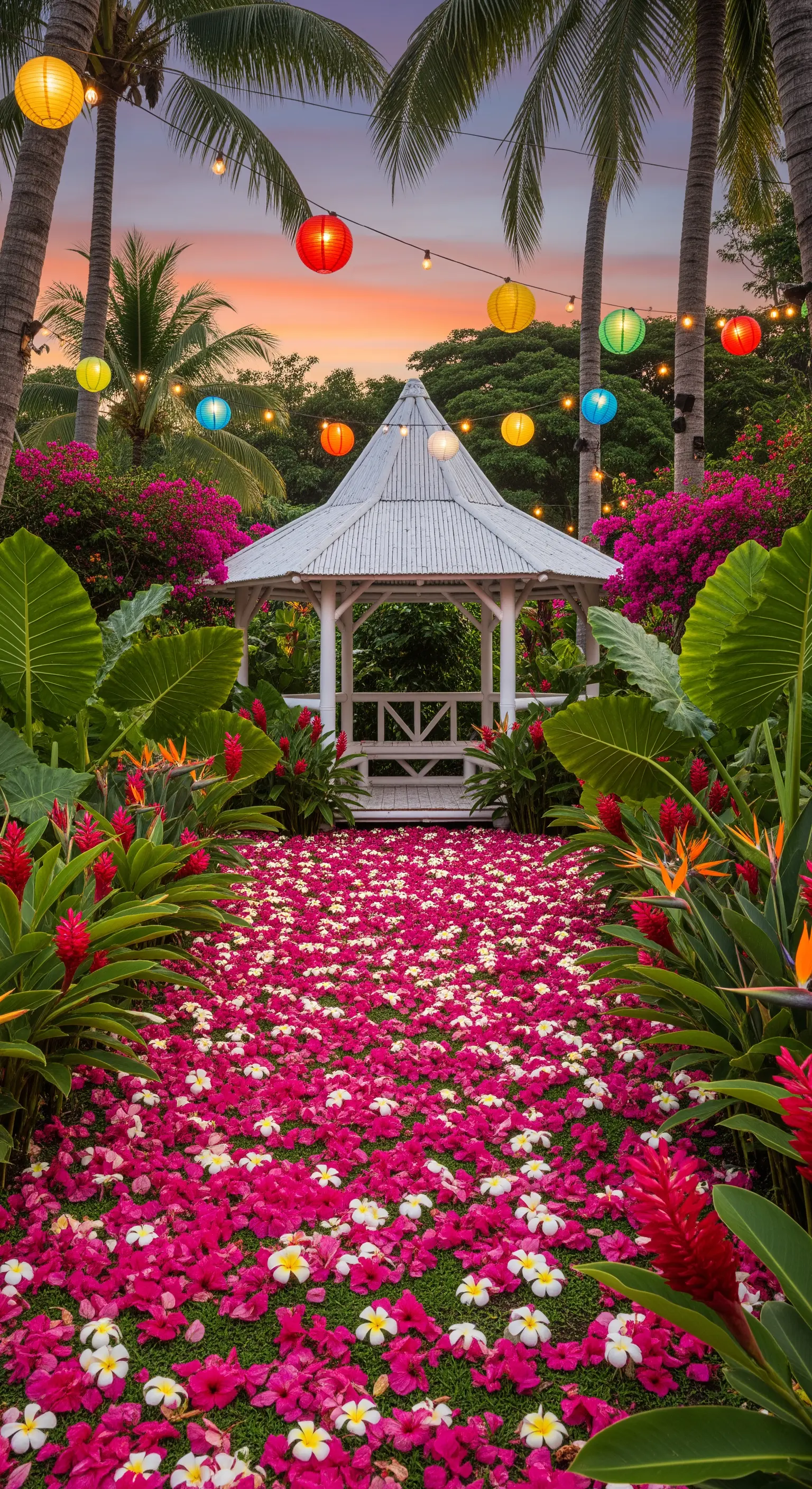 Giardino tropicale con gazebo bianco, lanterne colorate e un sentiero di petali fucsia.