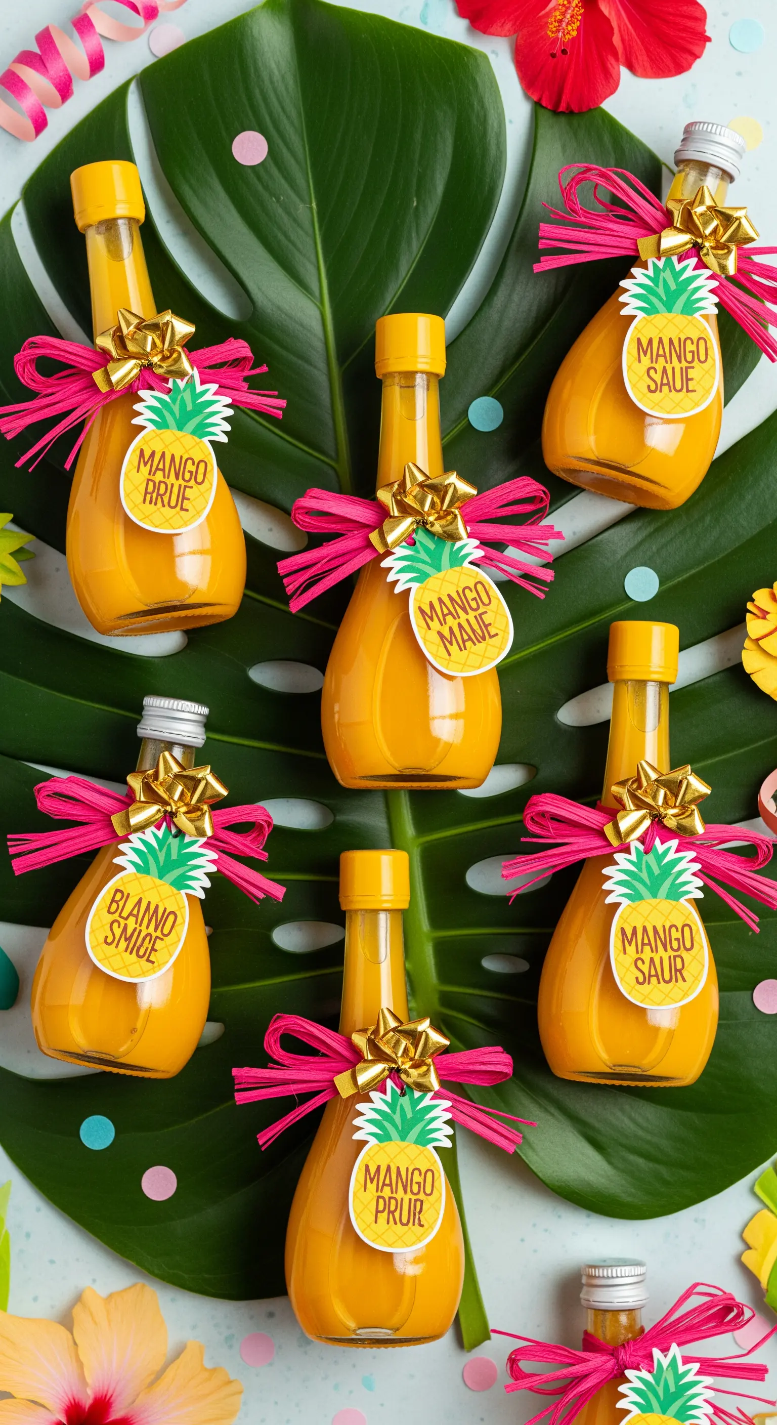 Bomboniere a tema tropicale con liquore al mango, fiocchi fucsia e etichette a forma di ananas.