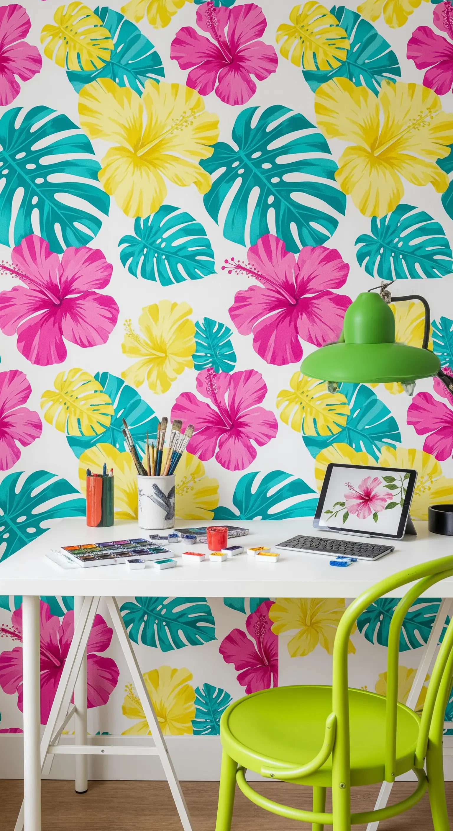 Scrivania bianca con sedia verde lime davanti a una parete con carta da parati a tema hibiscus.