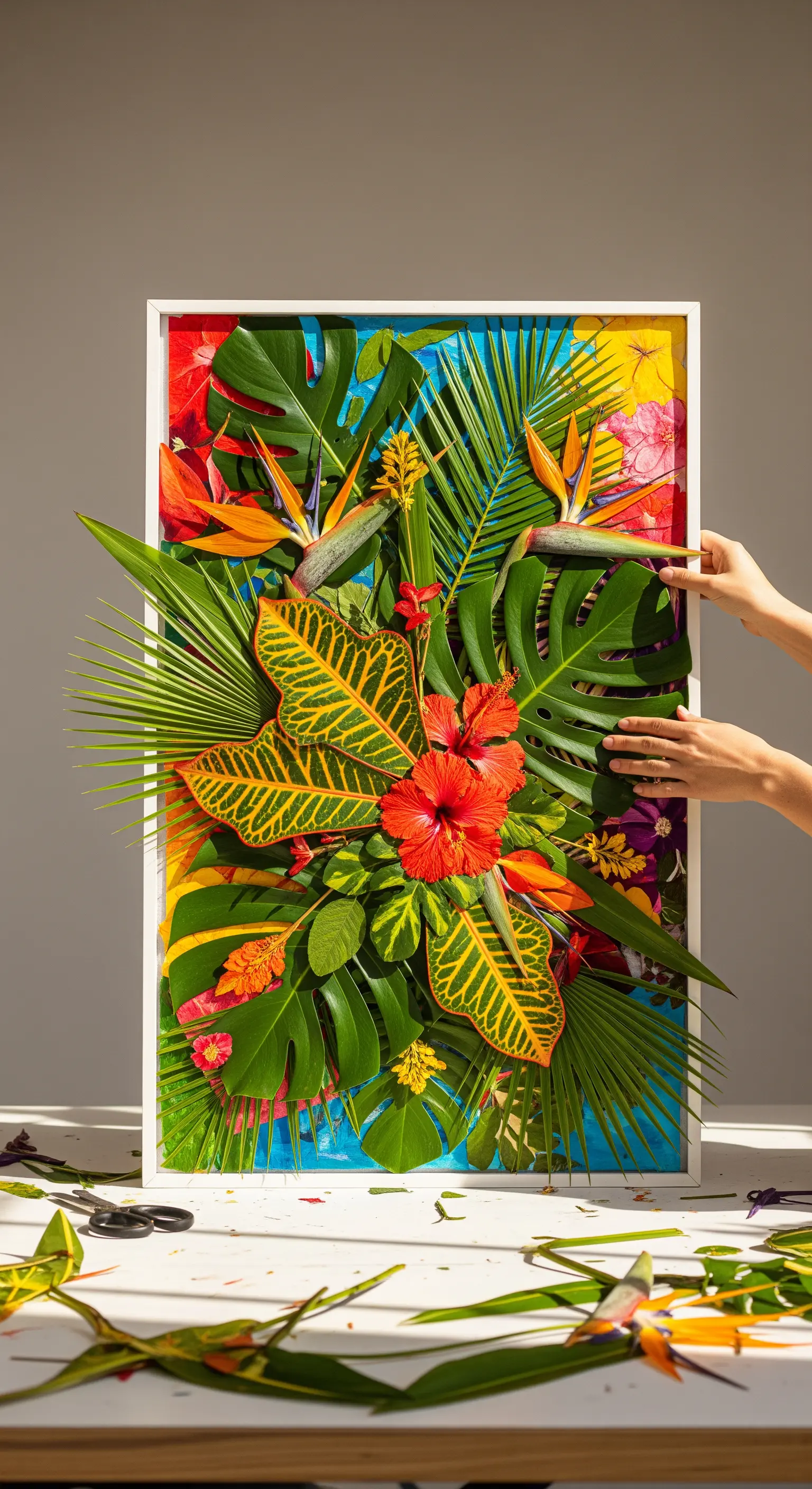 Composizione esuberante di foglie e fiori tropicali colorati in una cornice bianca profonda.
