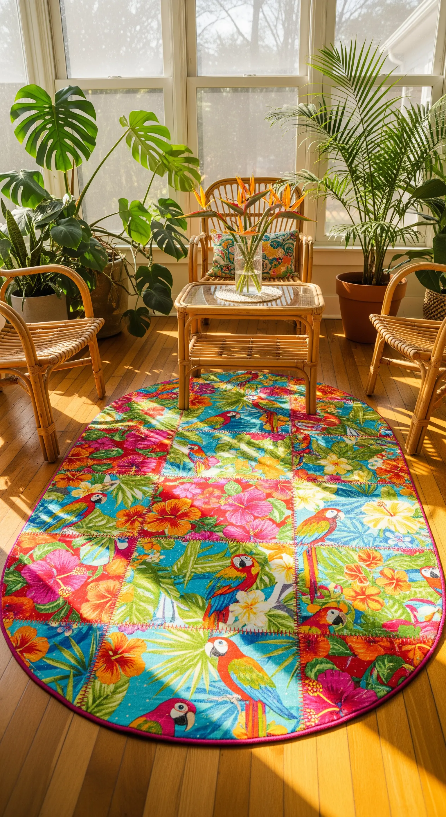 Tappeto ovale patchwork con vivaci stampe tropicali di fiori e pappagalli in un angolo con piante