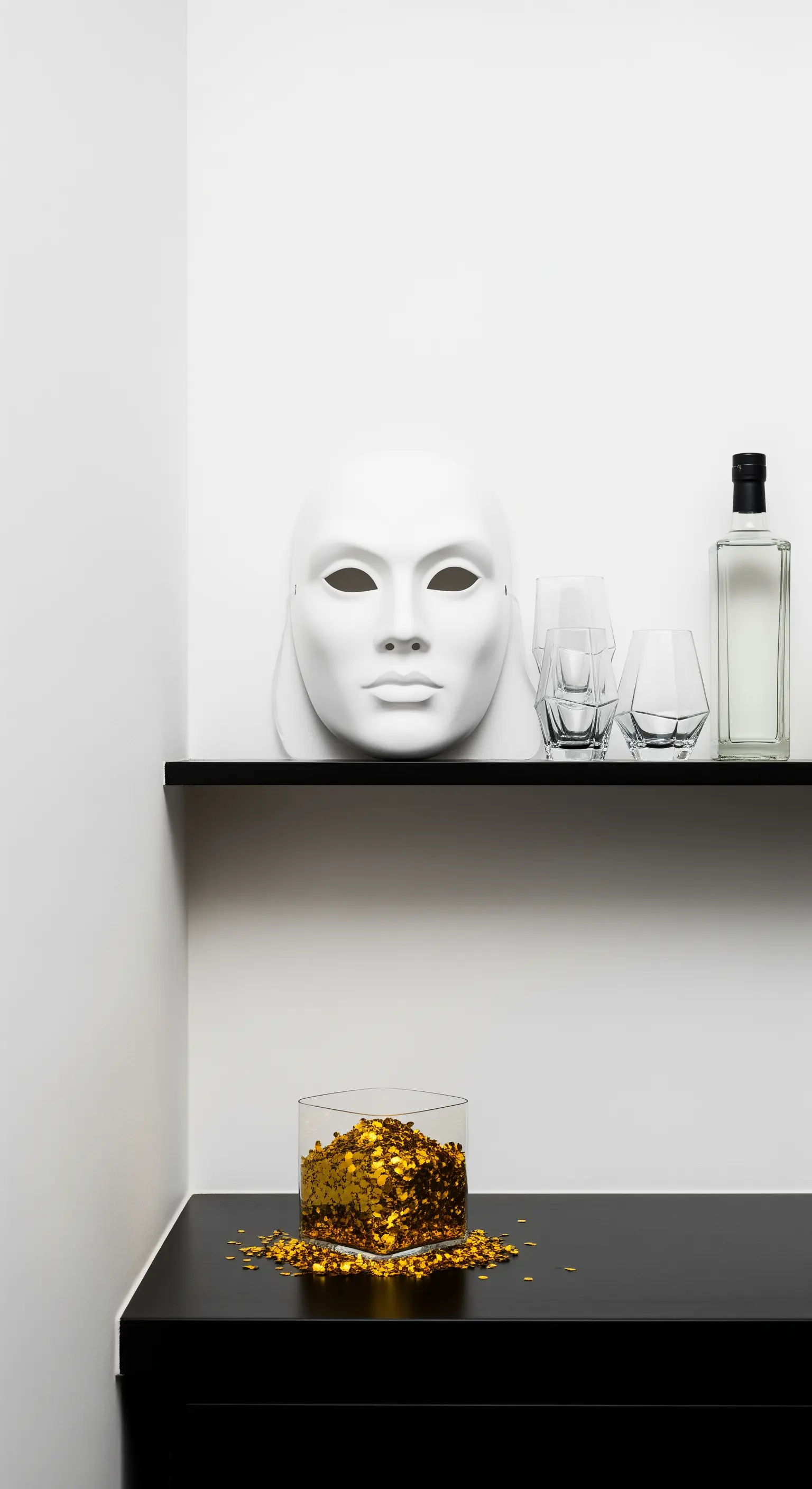 Allestimento minimalista con maschera bianca, coriandoli dorati e mensole nere.