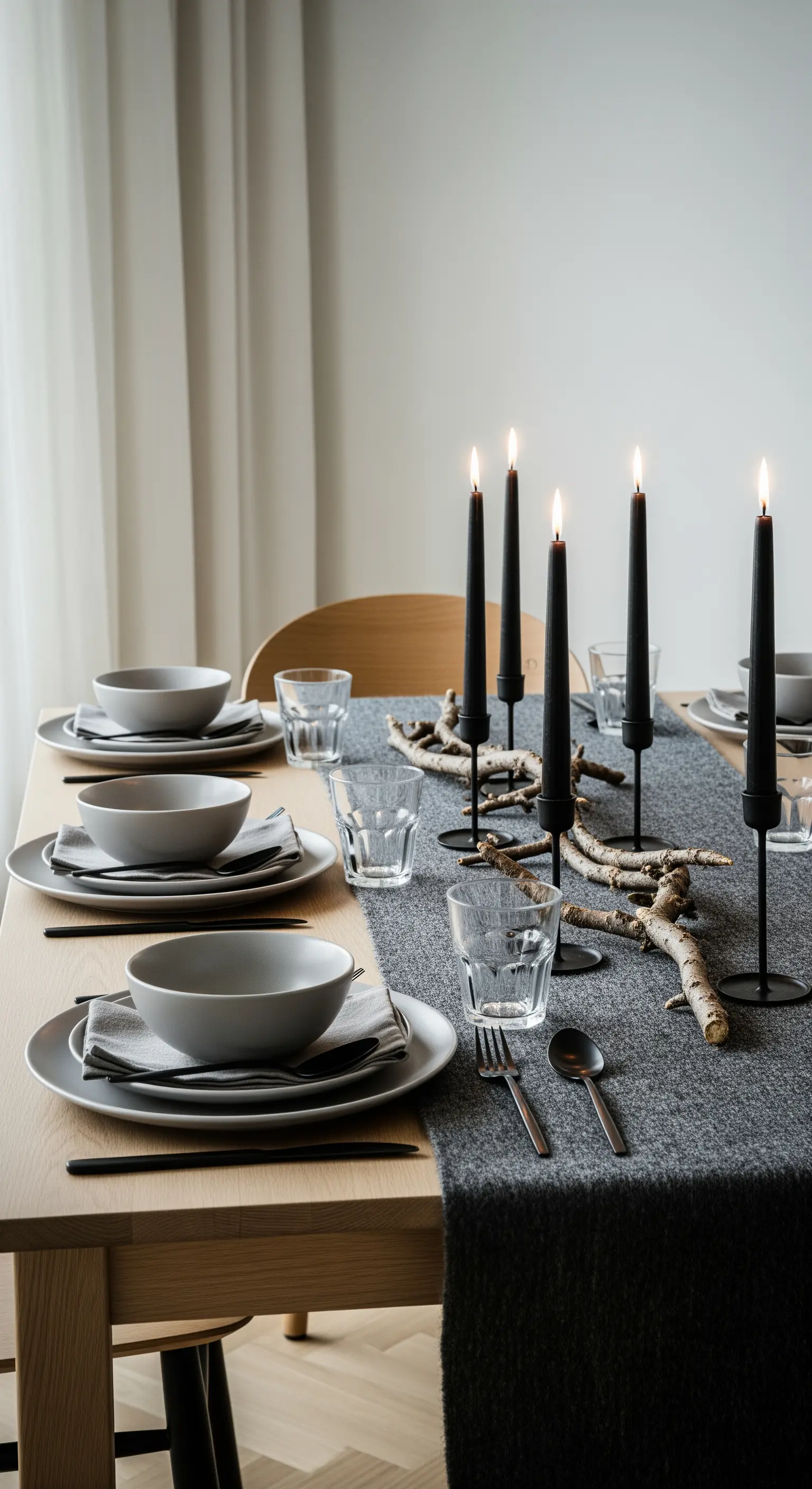 Tavola scandinava con runner in feltro, candele nere e rami di legno chiaro.