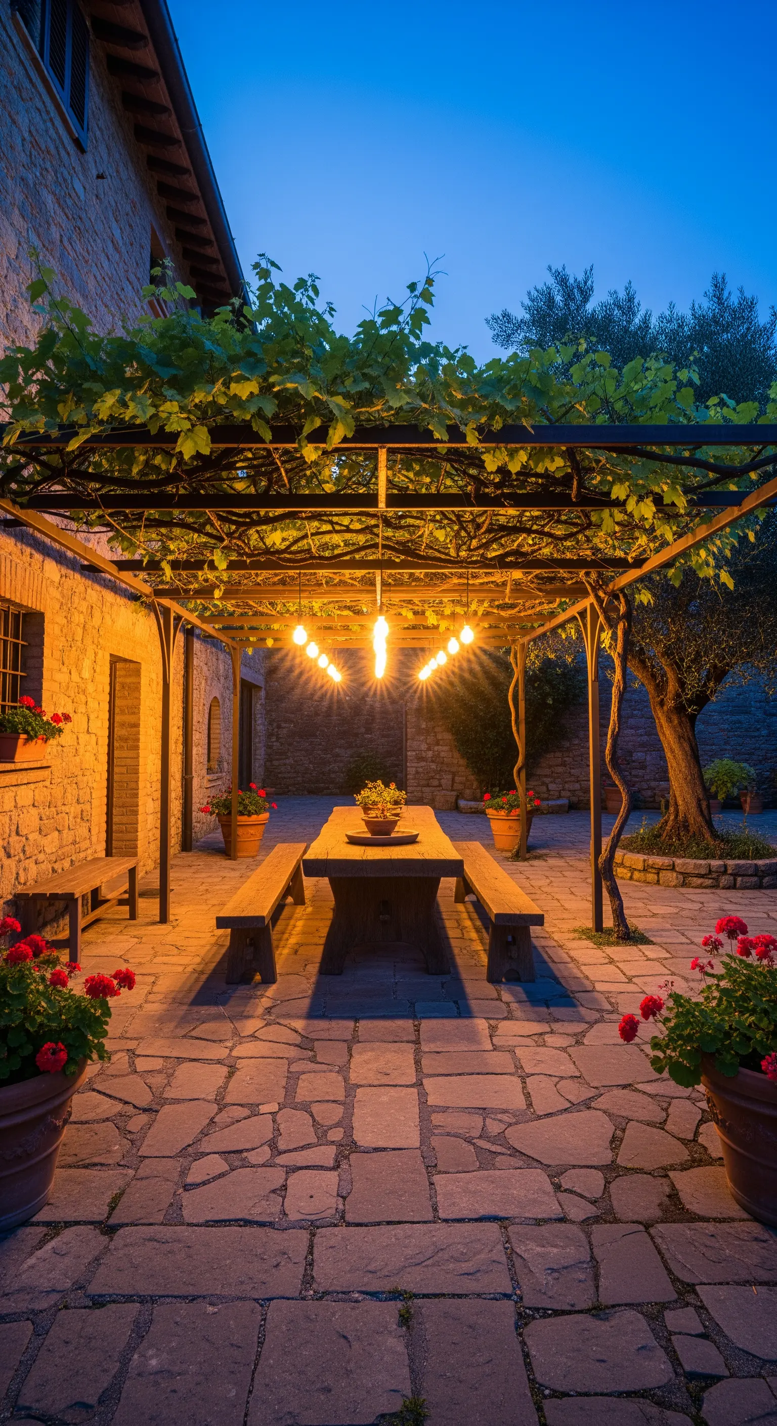 Tavolo lungo con panche sotto una pergola in metallo in un cortile in pietra.
