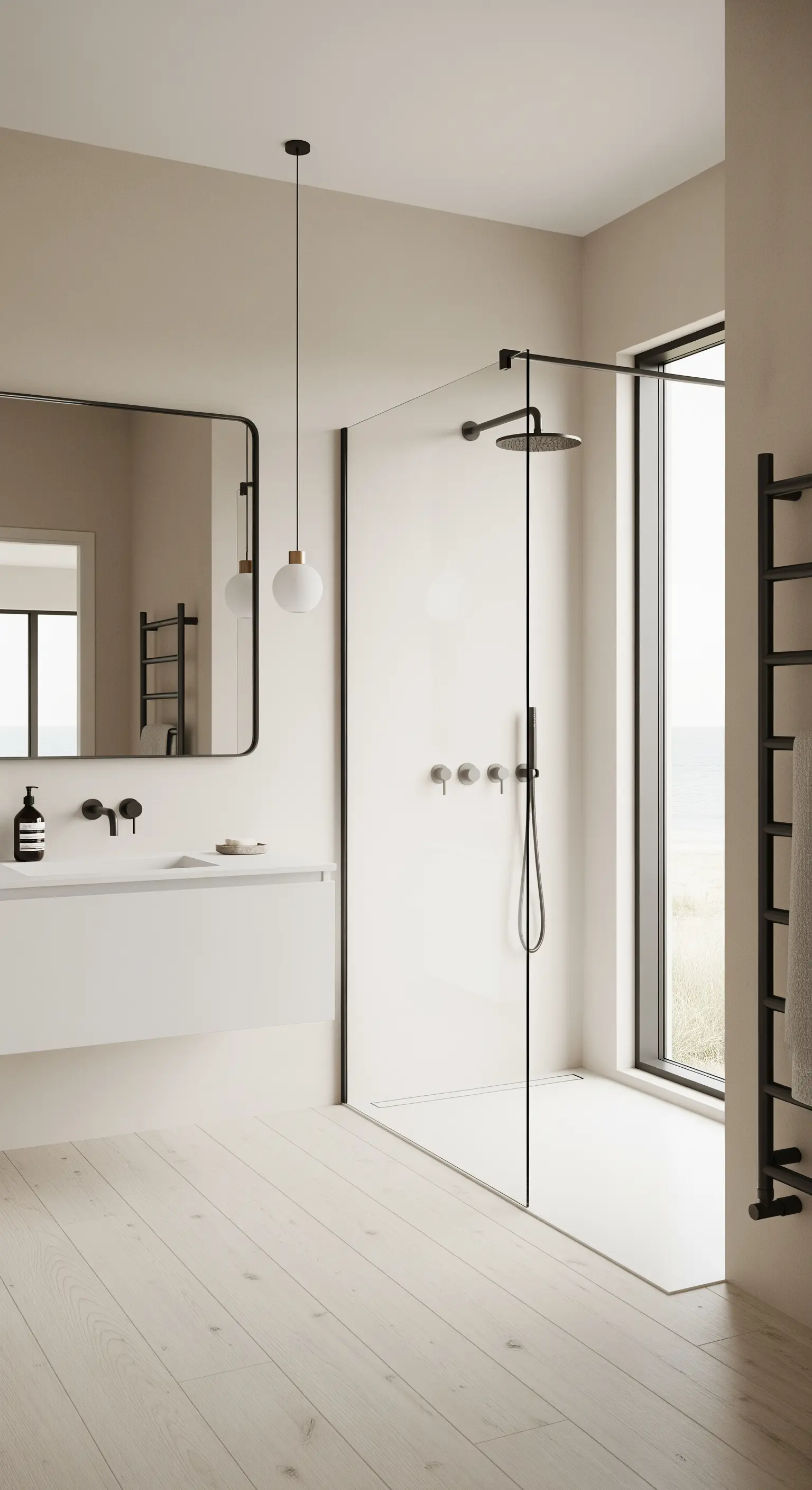 Bagno in stile scandinavo con pavimento in legno chiaro e doccia con profilo nero.