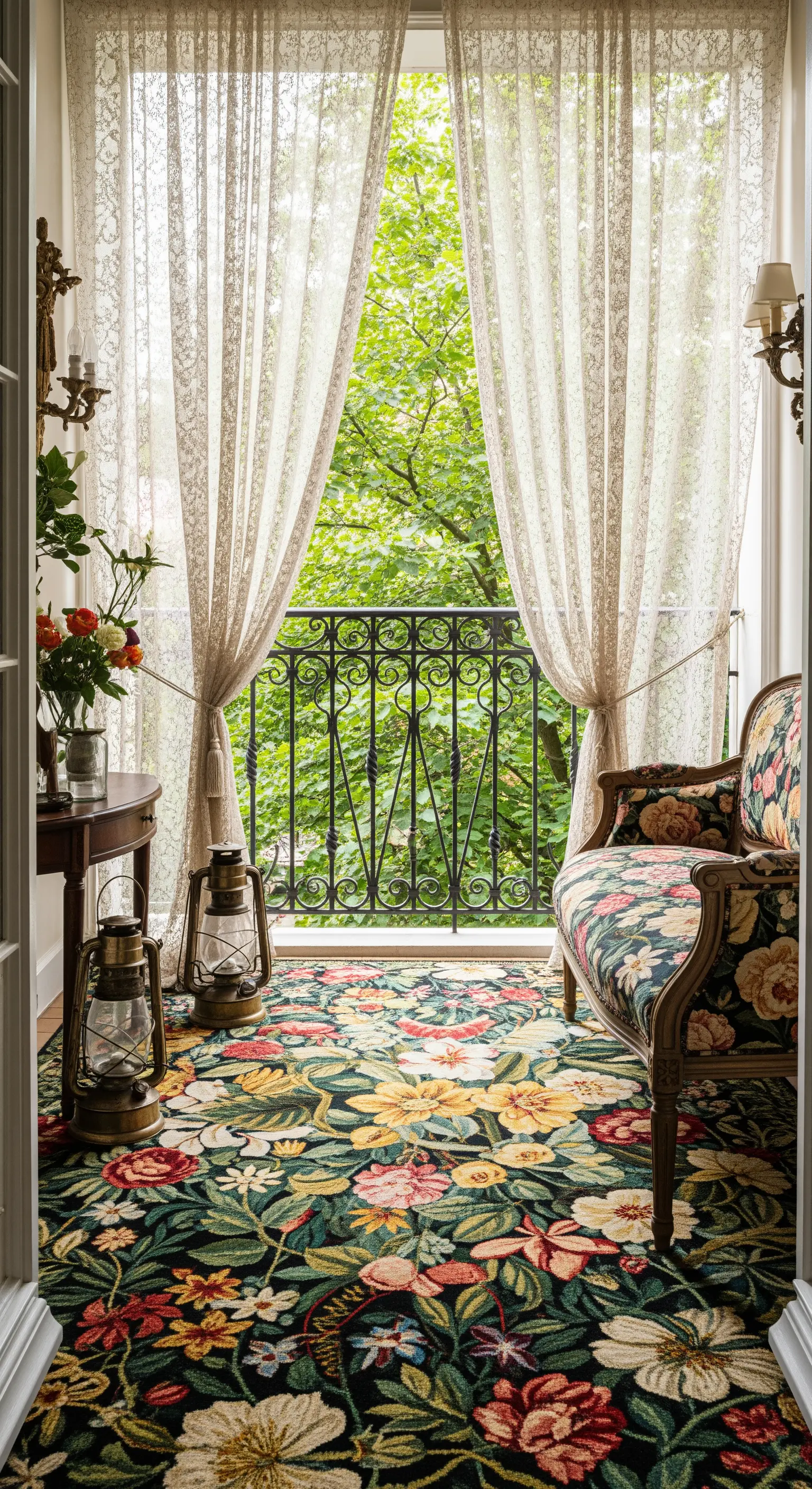 Balcone arredato come un salotto, con tappeto floreale scuro e poltrona vintage.