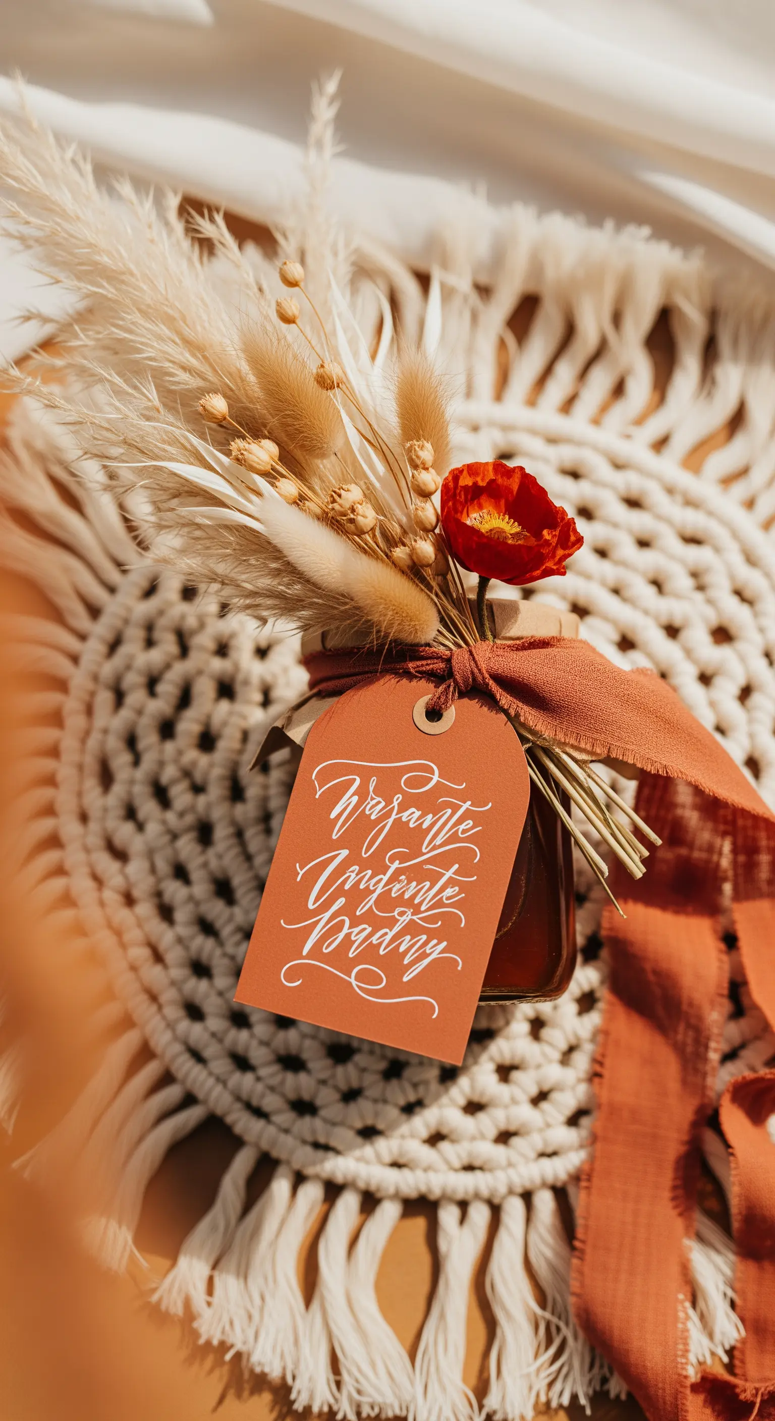 Vasetto di miele in stile boho con pampas, fiori secchi e nastro color terracotta.