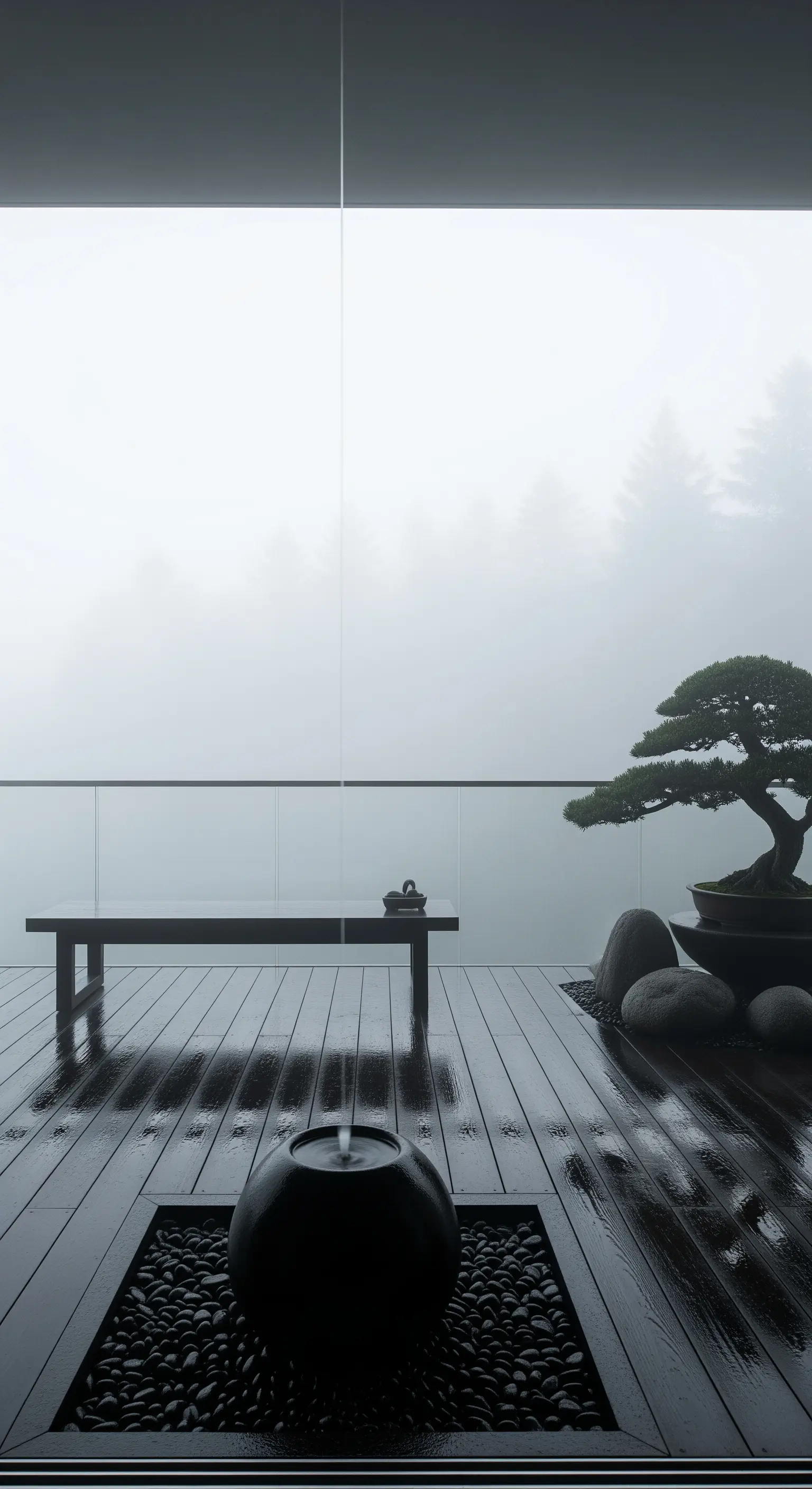 Balcone minimalista con pavimento scuro, bonsai e fontana, avvolto nella nebbia.
