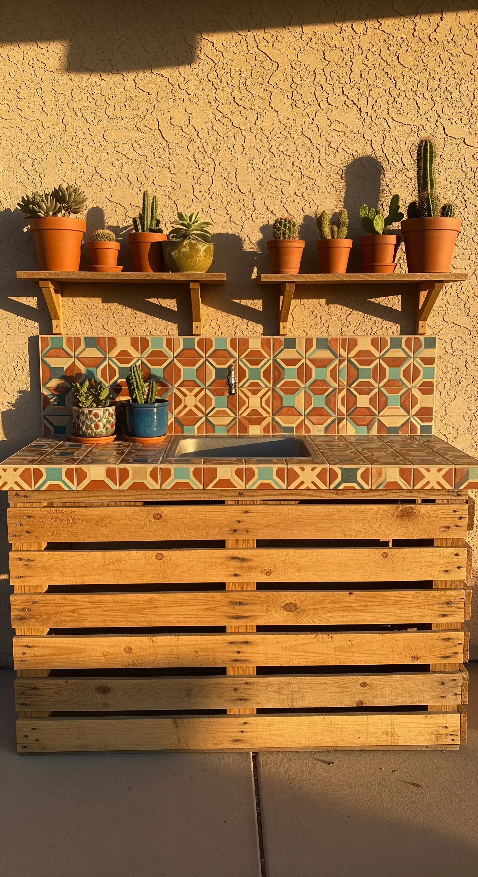 Cucina esterna in pallet con lavello e paraschizzi in piastrelle terracotta a motivi geometrici.