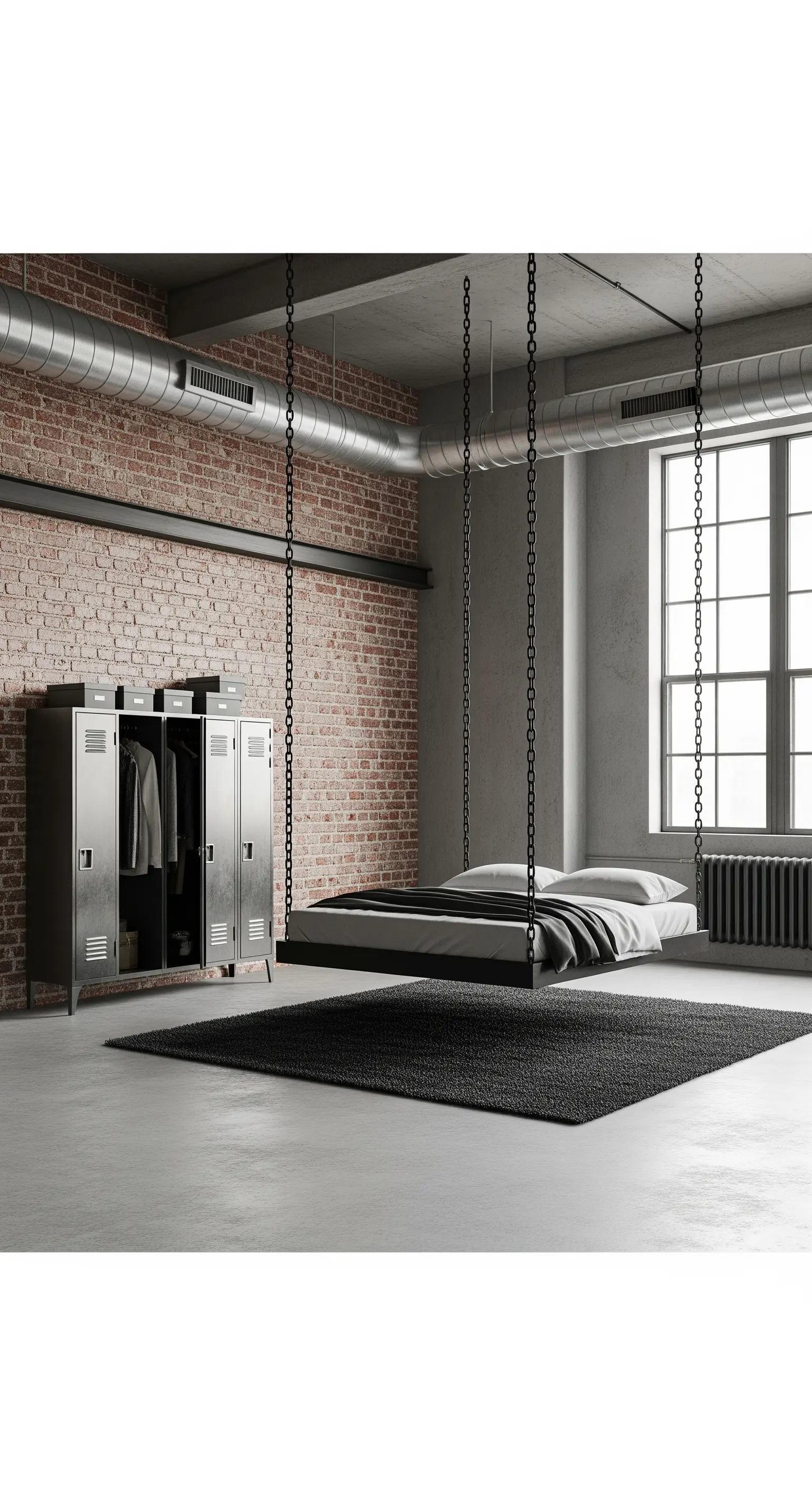 Camera da letto industrial con letto sospeso, parete in mattoni e armadietti in metallo.