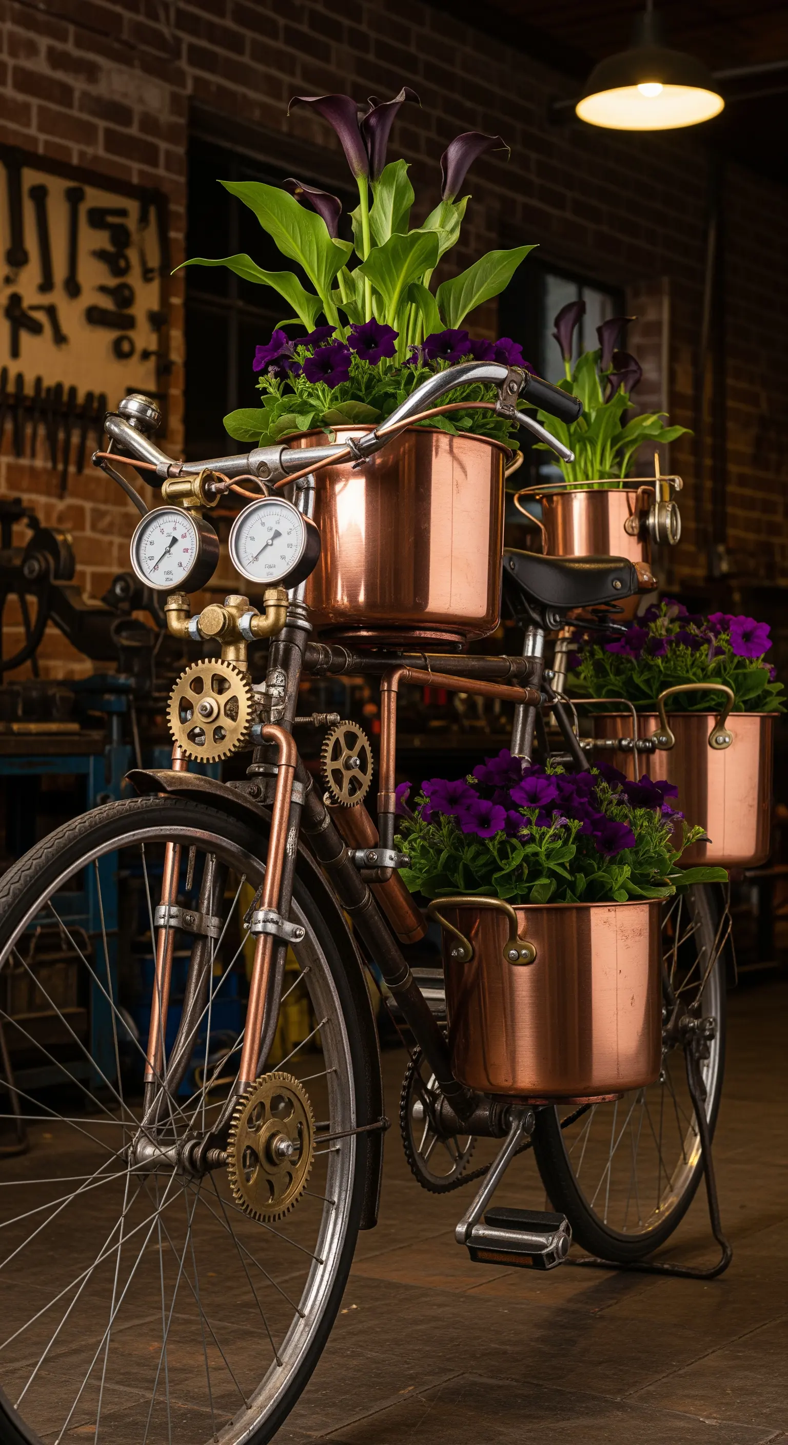 Bicicletta in stile steampunk con ingranaggi, tubi di rame e vasi in rame pieni di fiori viola.