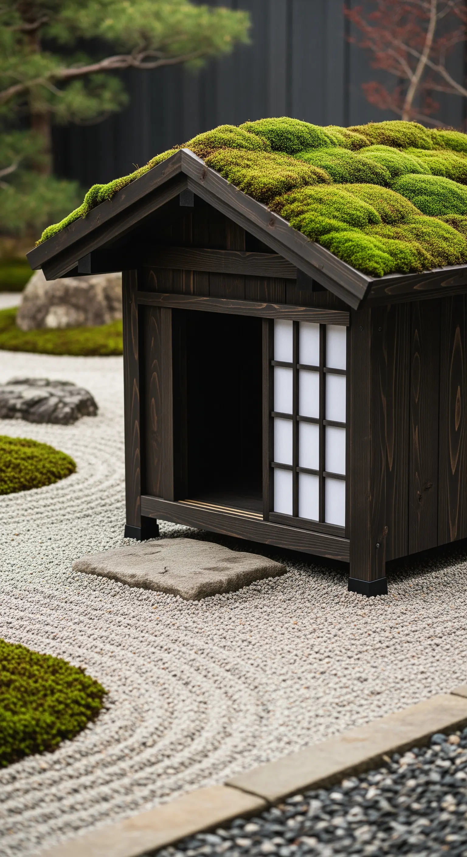 Cuccia in stile giapponese con tetto di muschio, inserita in un giardino zen di sabbia.