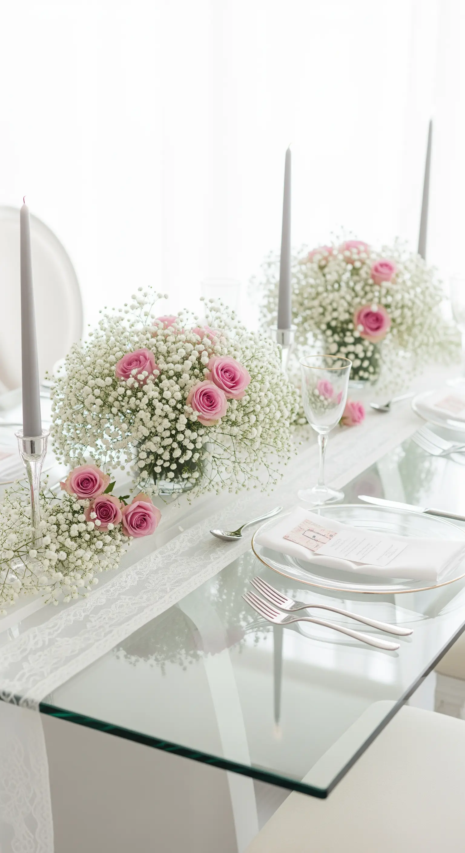 Tavola in vetro con runner in pizzo, nuvole di gypsophila e candele grigie.