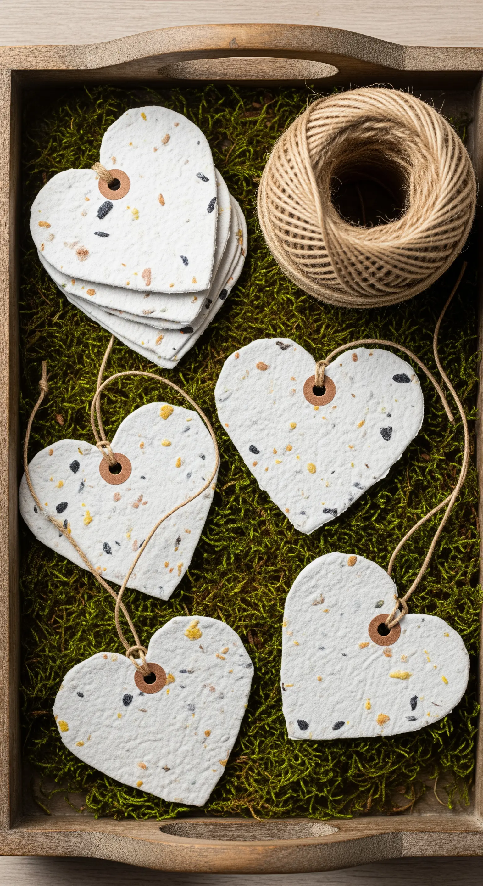 Etichette a forma di cuore fatte di carta piantabile, disposte su un letto di muschio.