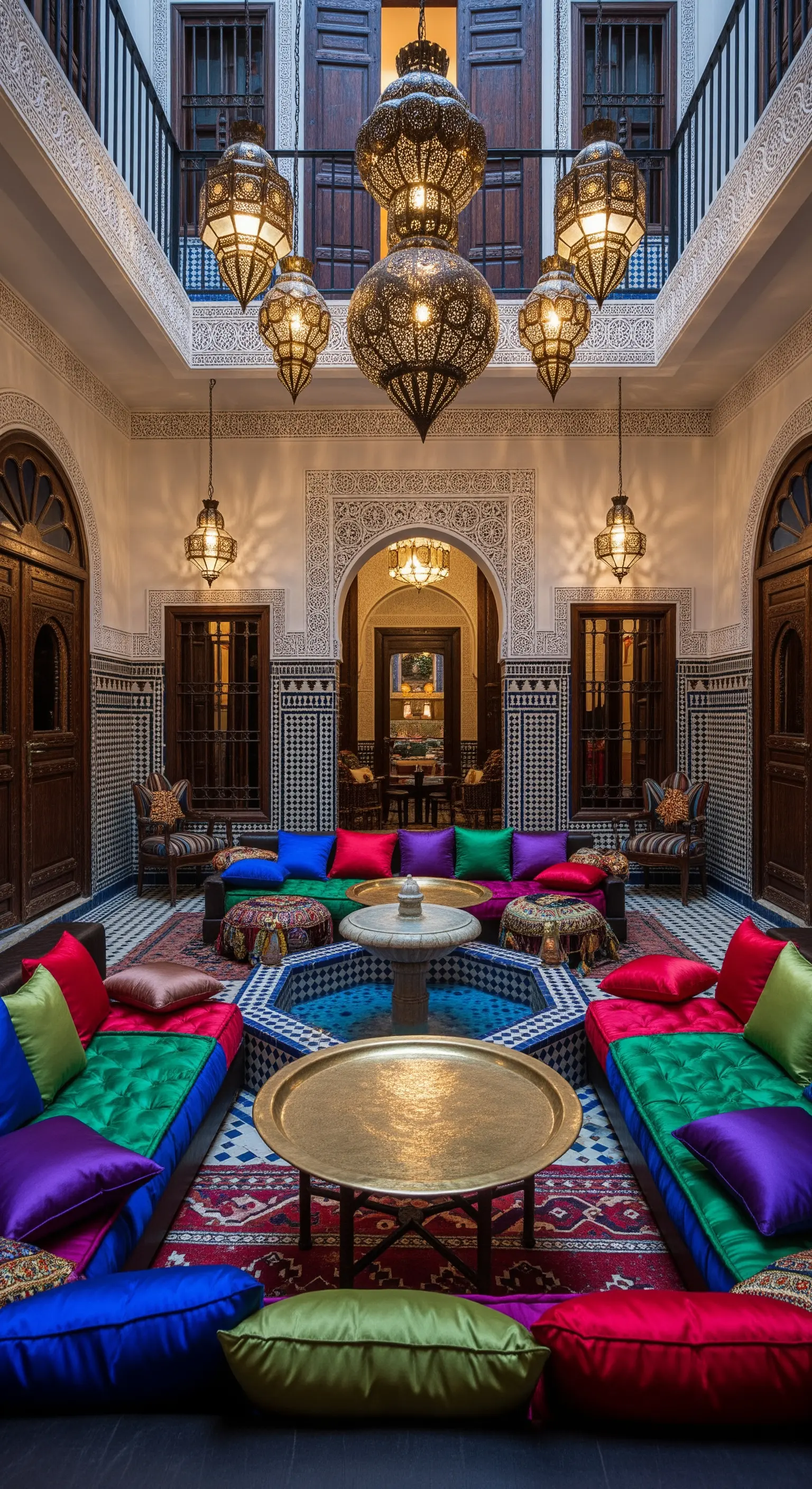 Cortile interno in stile marocchino con fontana, divani bassi e cuscini multicolore.