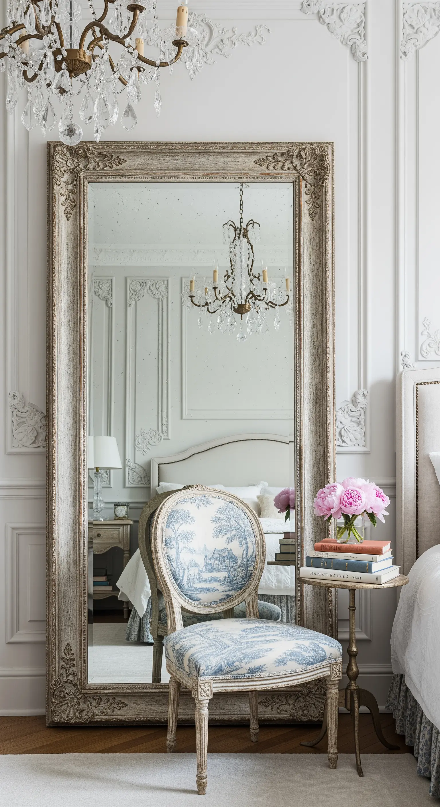 Specchio monumentale con cornice anticata e decorata, appoggiato al muro in una camera da letto classica.