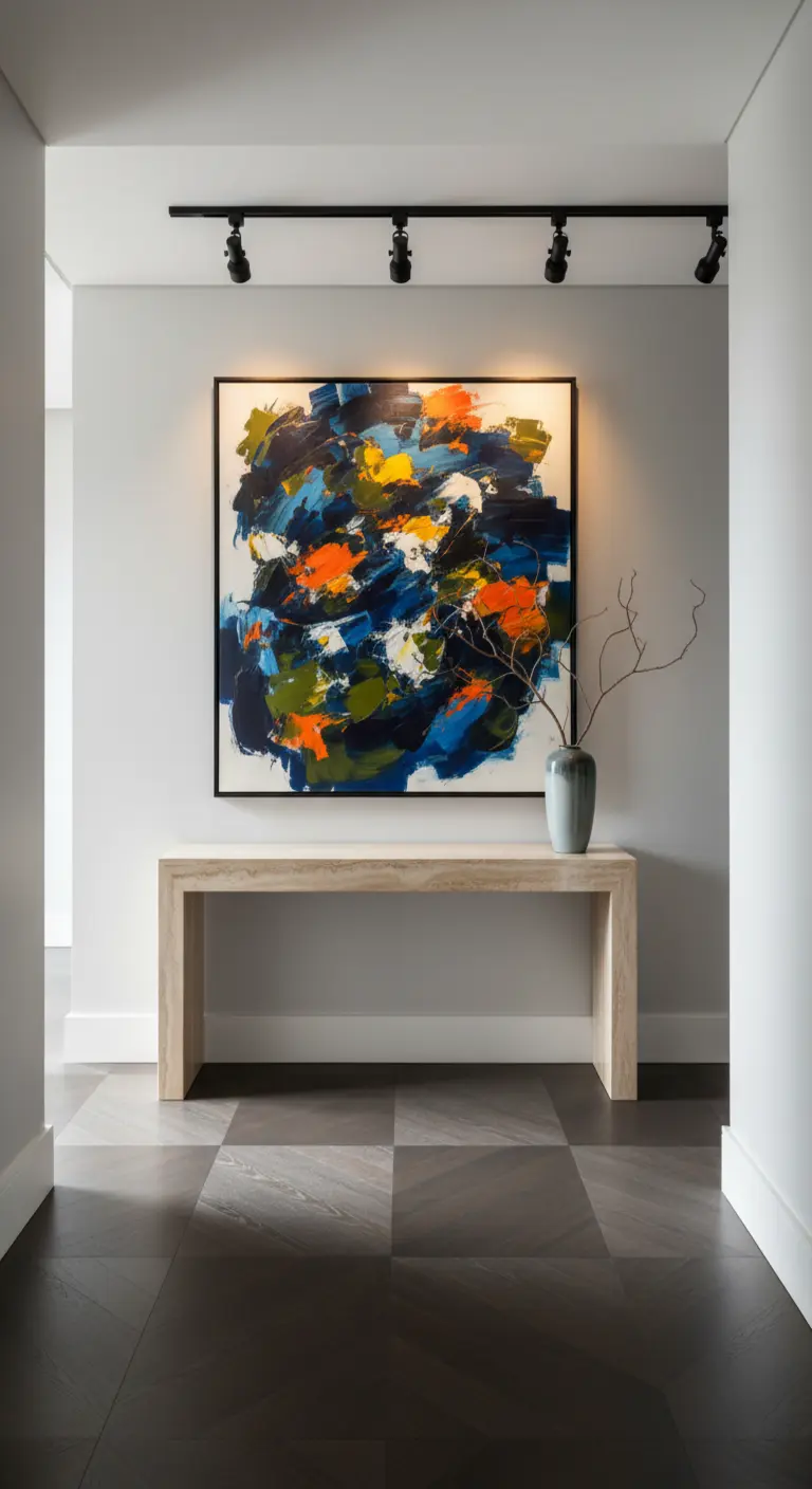 Grande quadro astratto sopra una consolle in legno chiaro, illuminato da faretti a soffitto.