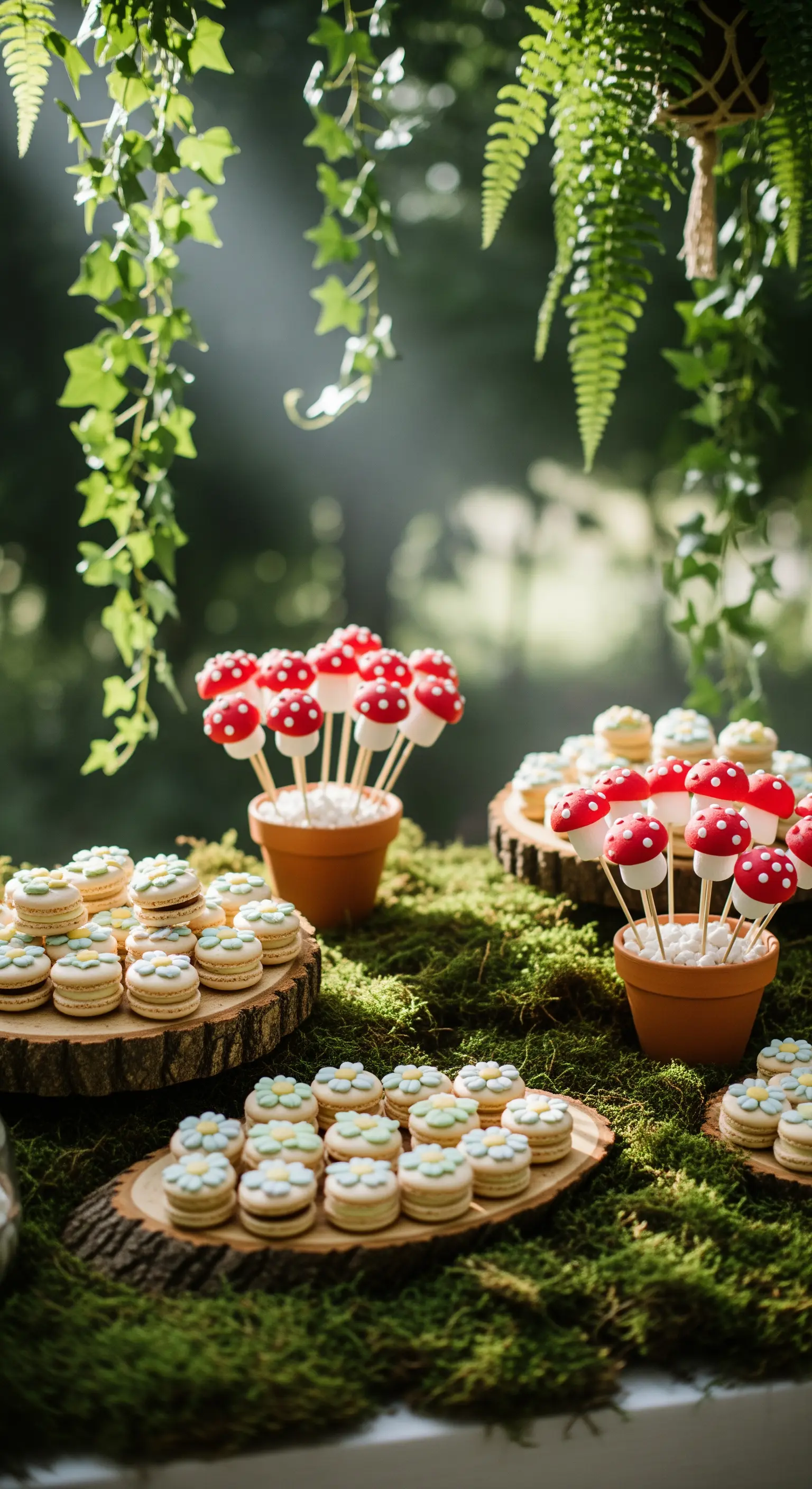 Candy bar a tema bosco con muschio, sezioni di tronco e dolci a forma di fungo.
