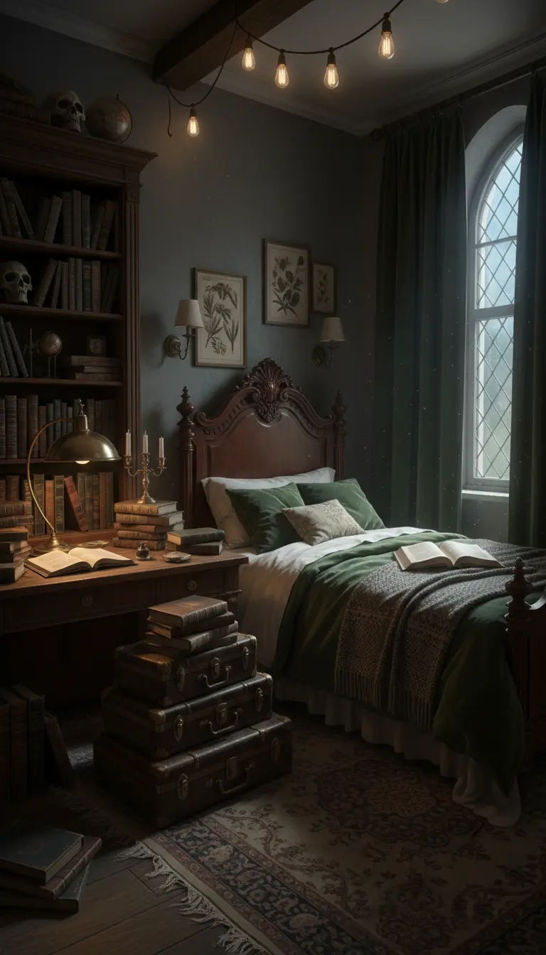 Camera da letto in stile 'dark academia' con pareti scure, letto in legno e valigie vintage.