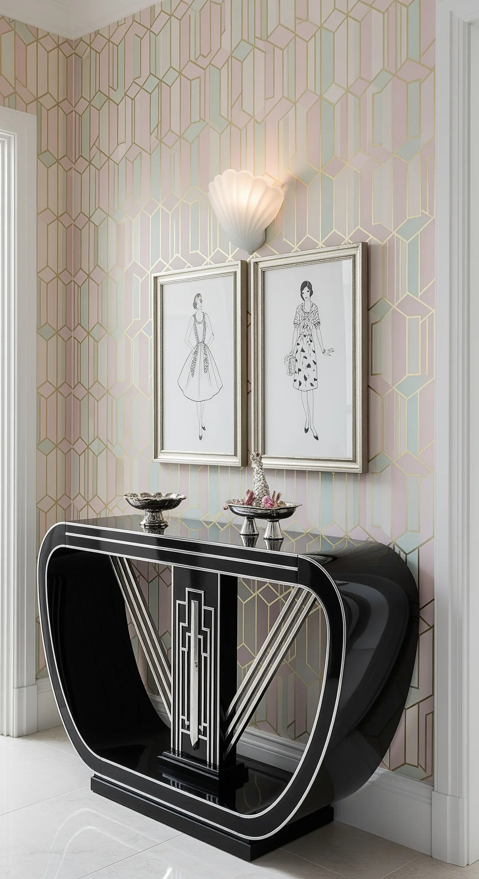 Carta da parati geometrica in stile Art Déco e consolle laccata nera.