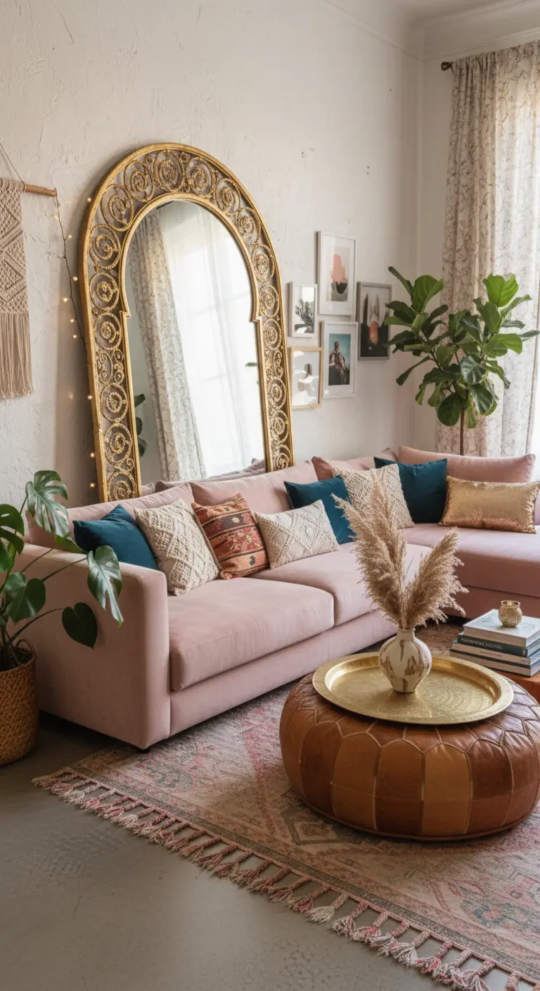 Grande specchio ad arco dorato in stile marocchino appoggiato a terra in un salotto boho-chic.