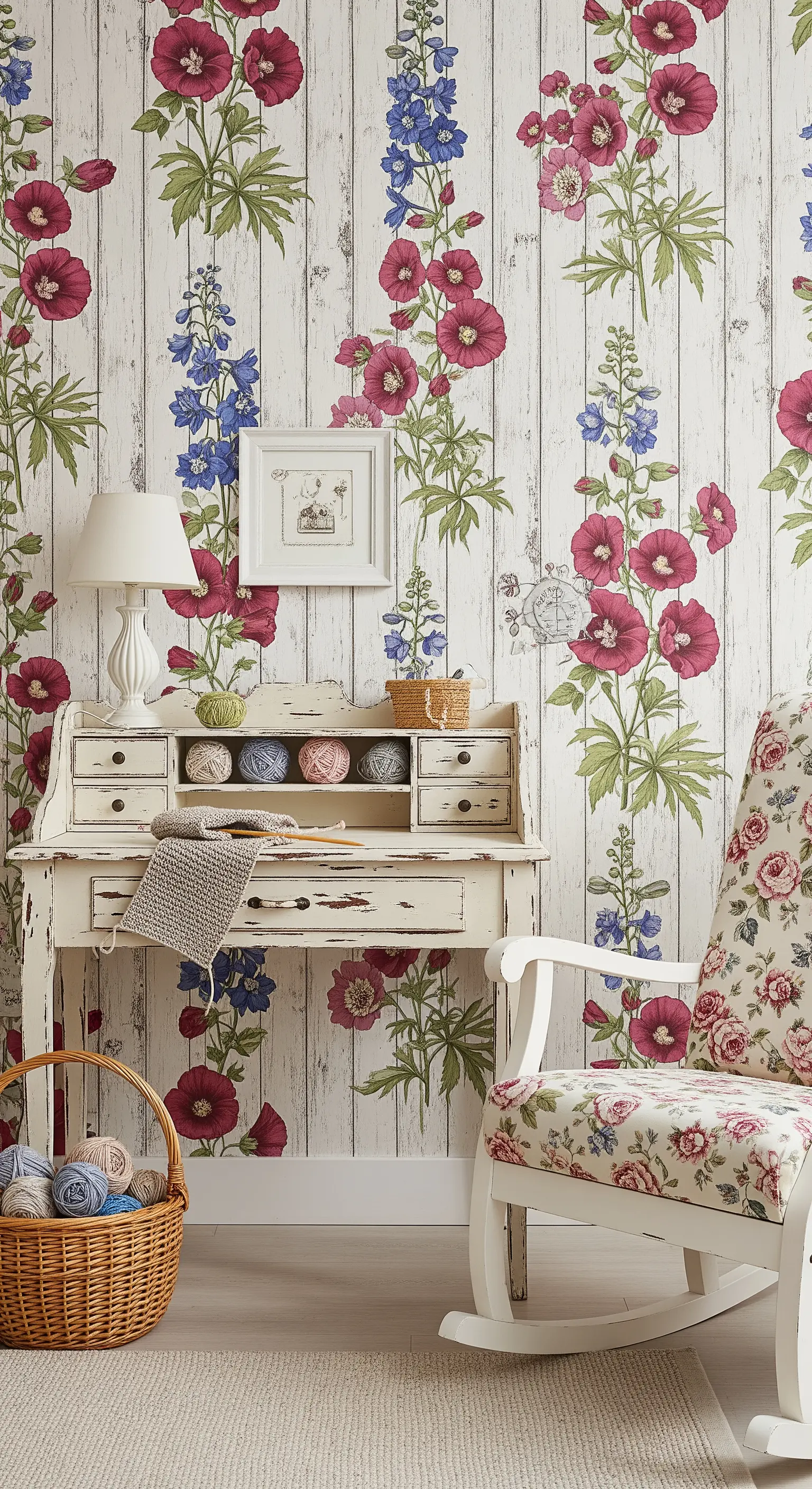 Scrivania bianca shabby chic con sedia a dondolo davanti a una parete a tema country.