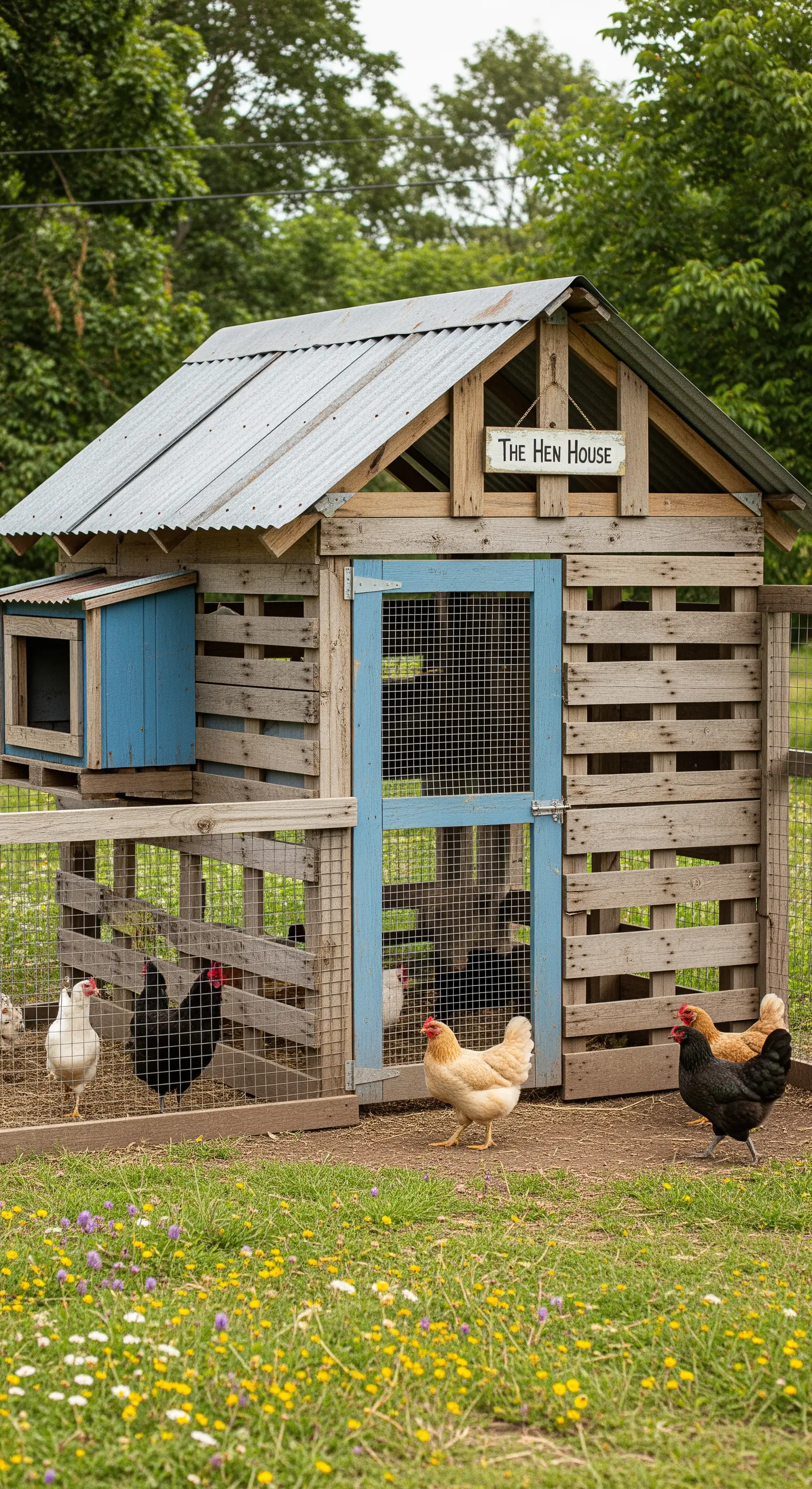 Pollaio rustico fai-da-te costruito con pallet di legno e una porta blu.