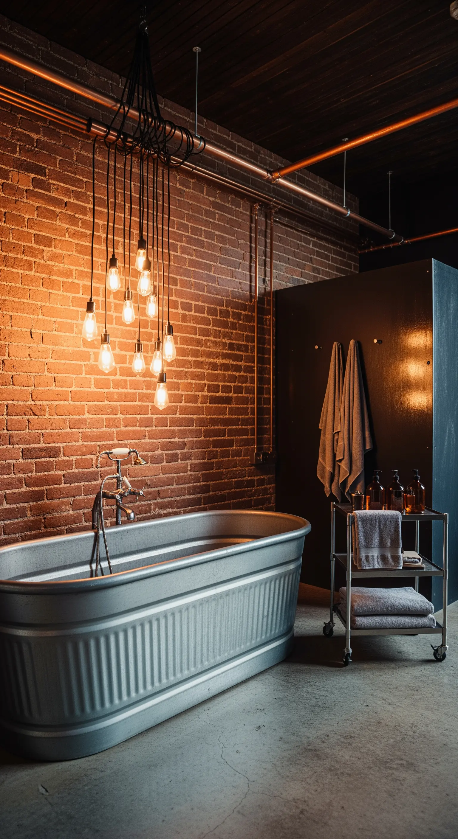 Bagno industrial con parete in mattoni, vasca in metallo e lampadine Edison a grappolo.