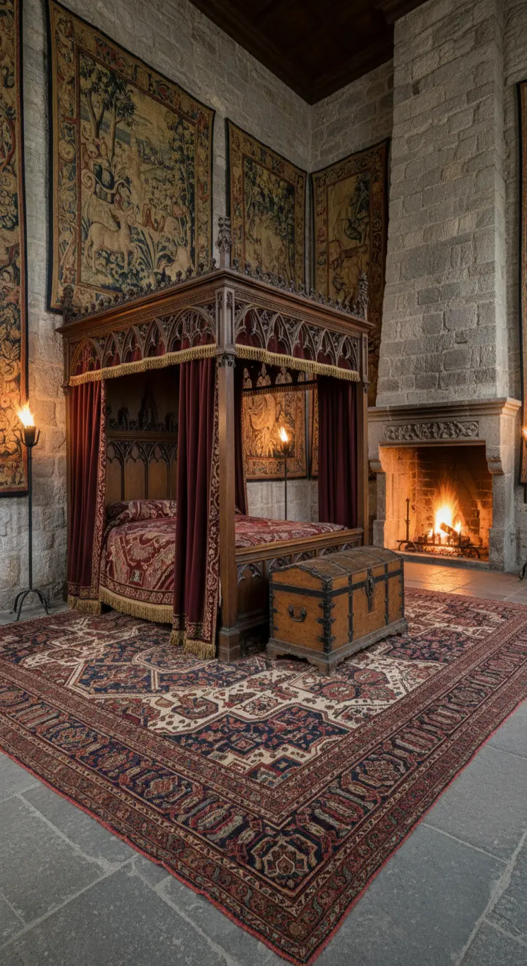 Camera in un castello con pareti in pietra, arazzi, letto a baldacchino e tappeto persiano.