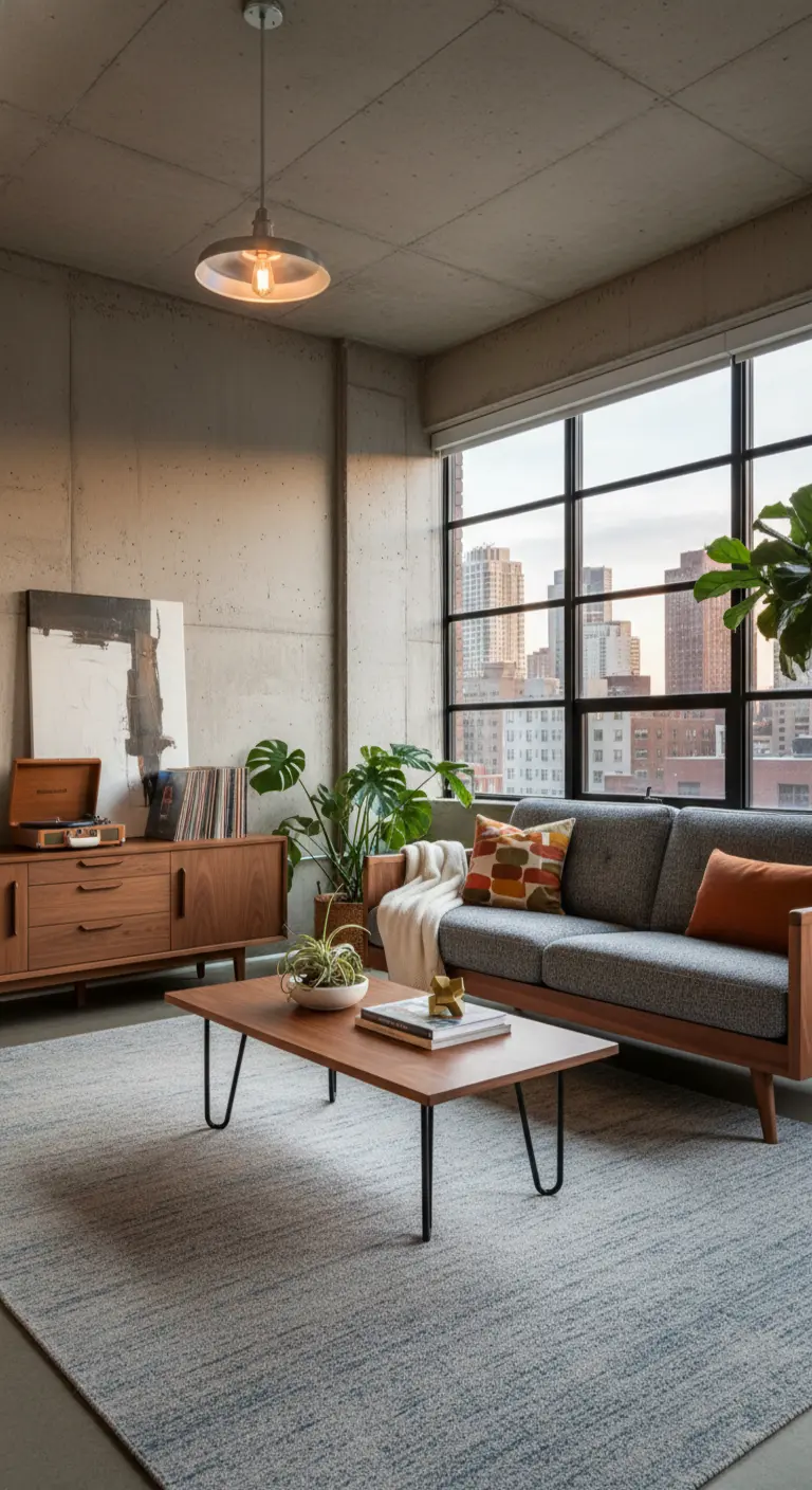 Salotto in stile Mid-Century con credenza in legno, divano grigio e pareti in cemento.