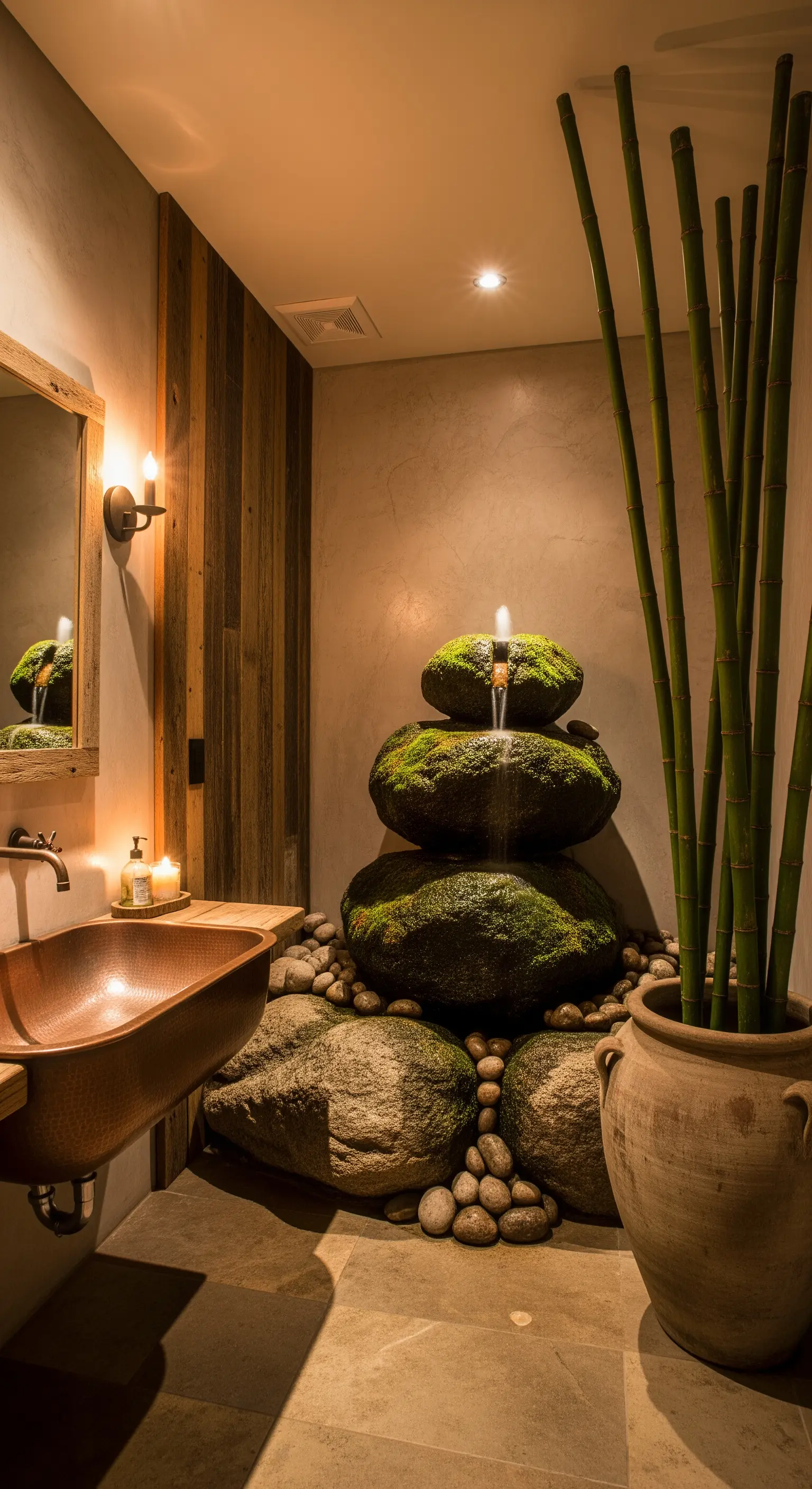 Angolo bagno rustico con fontana di pietre ricoperte di muschio e lavabo in rame.