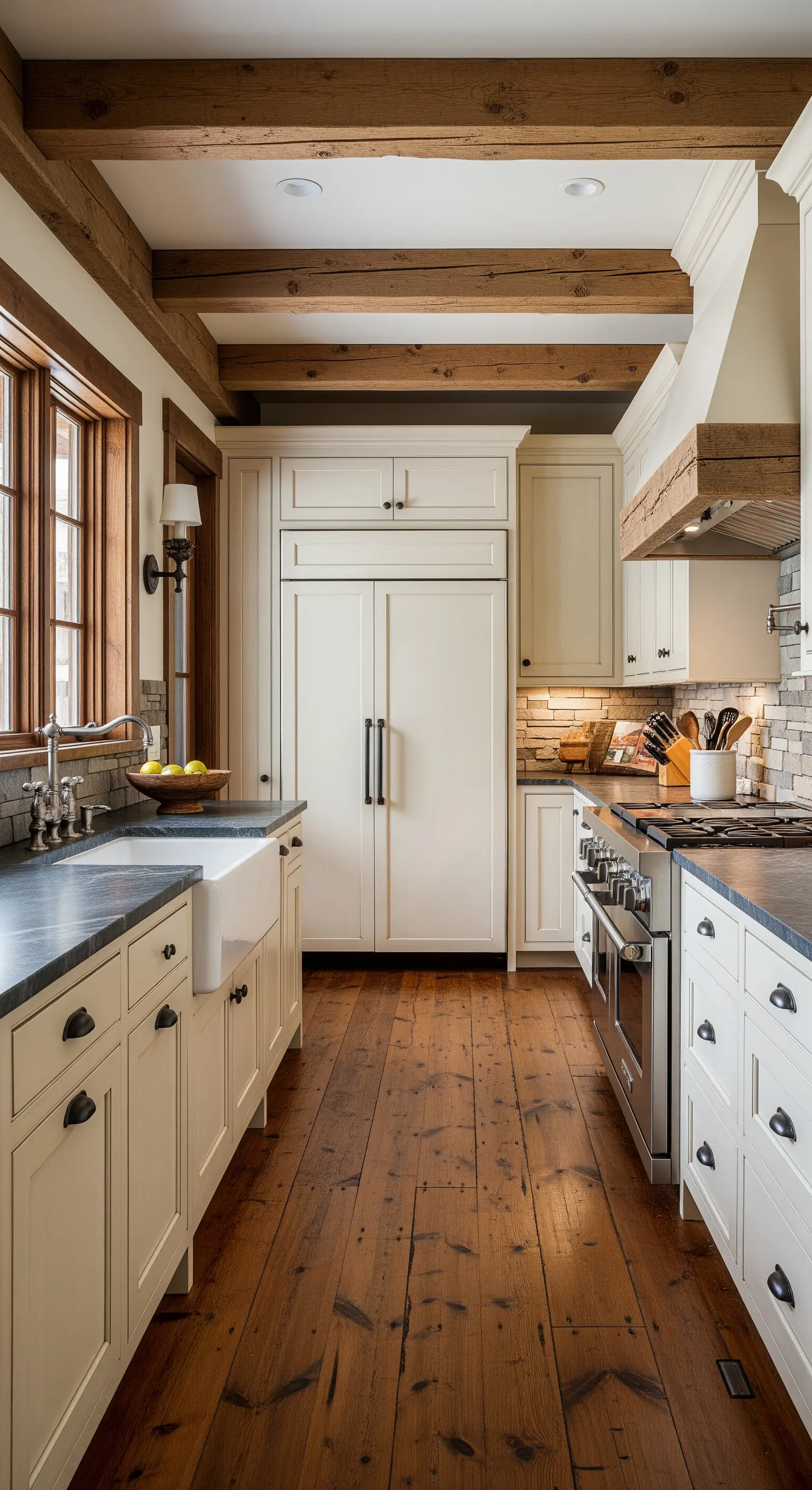 Cucina rustica con mobili color crema, travi in legno a vista e pavimento in assi di legno grezzo.