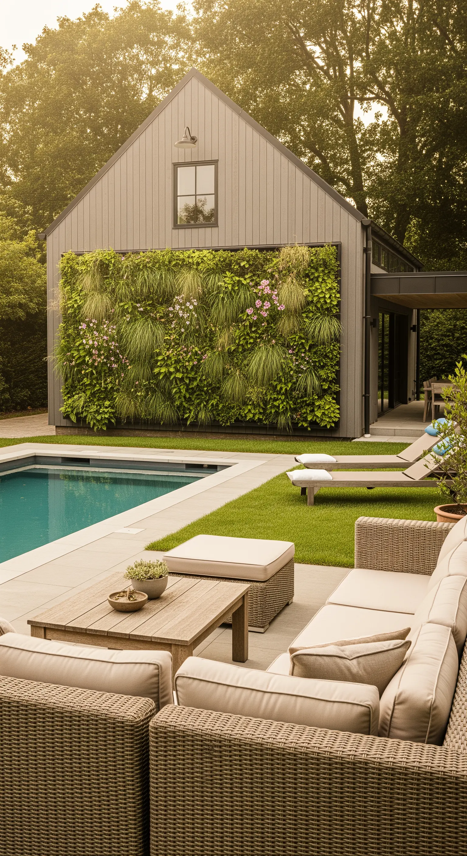 Area relax con divano in rattan, piscina e parete verde su una casa di campagna moderna.