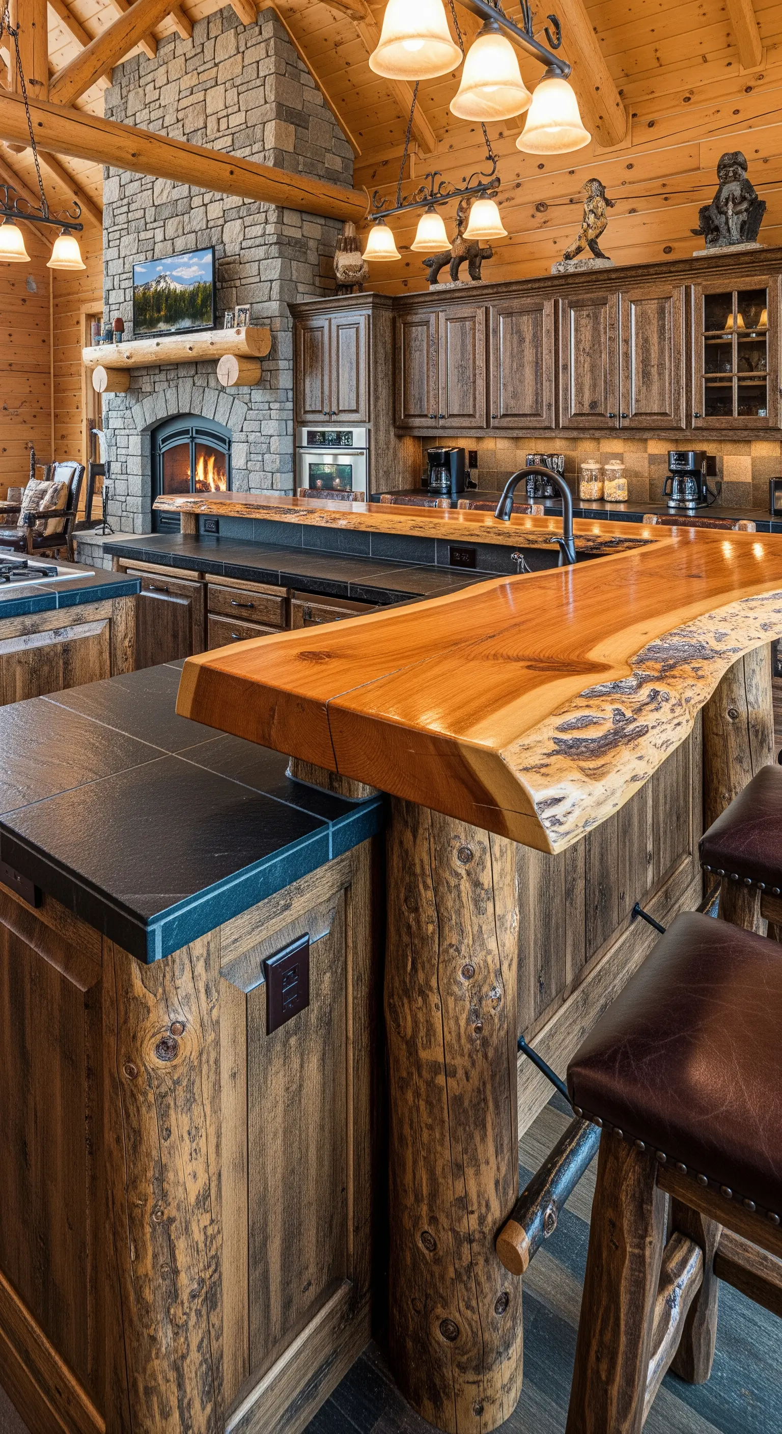 Cucina rustica in baita con bancone in legno massiccio supportato da tronchi.