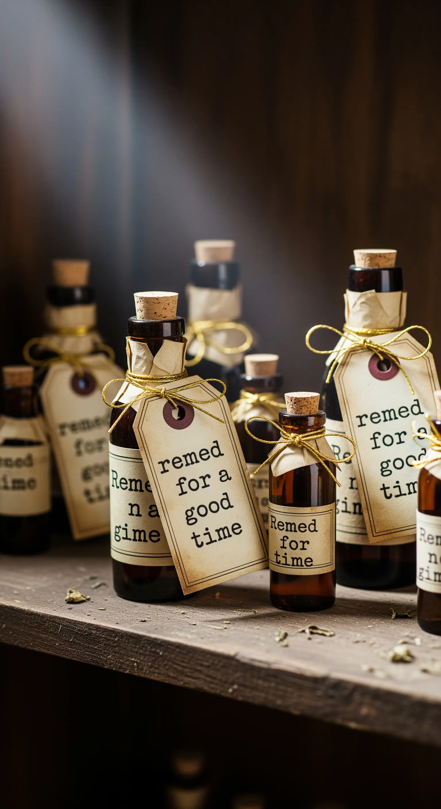 Bottigliette da farmacia vintage con etichette dall'aspetto invecchiato e scritte ironiche.