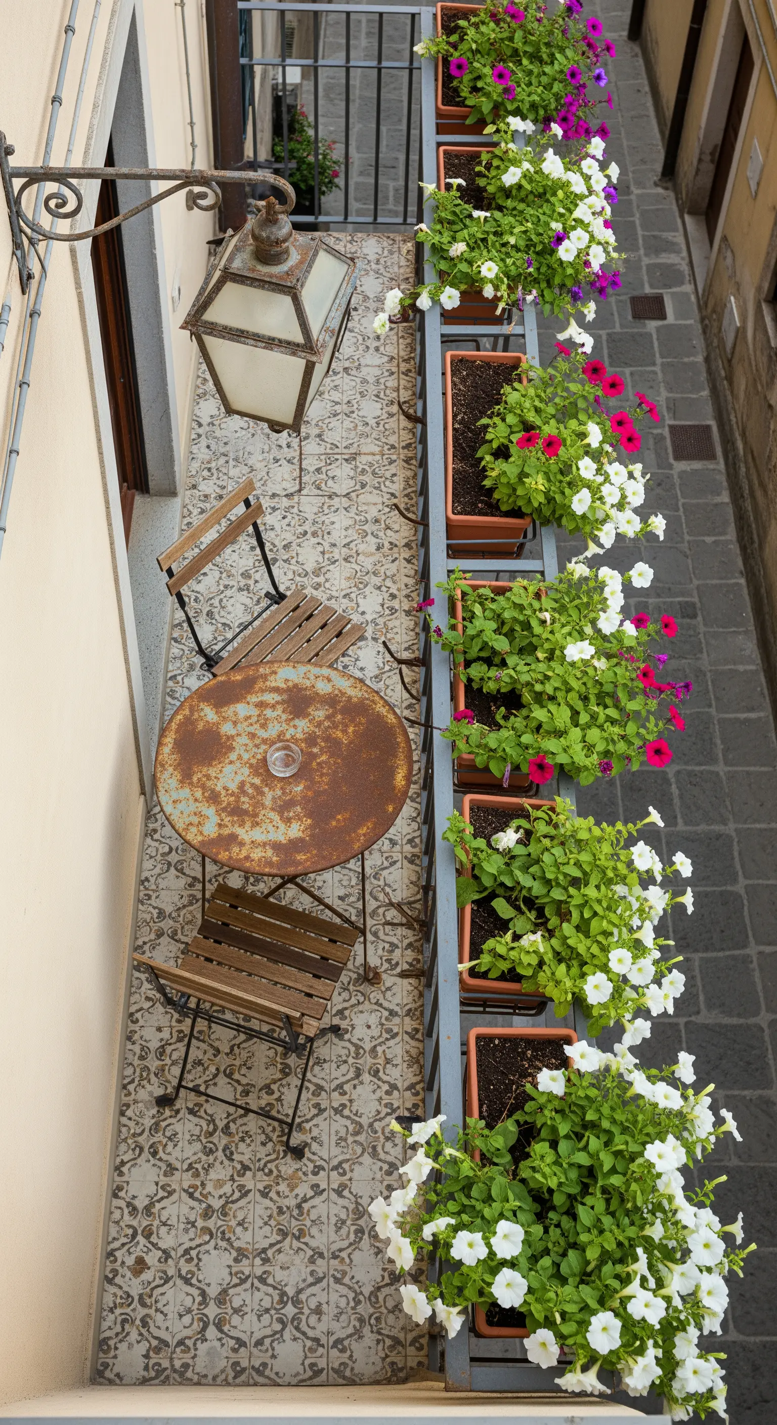 Balcone stretto con tavolino arrugginito, pavimento decorato e fioriere colorate.