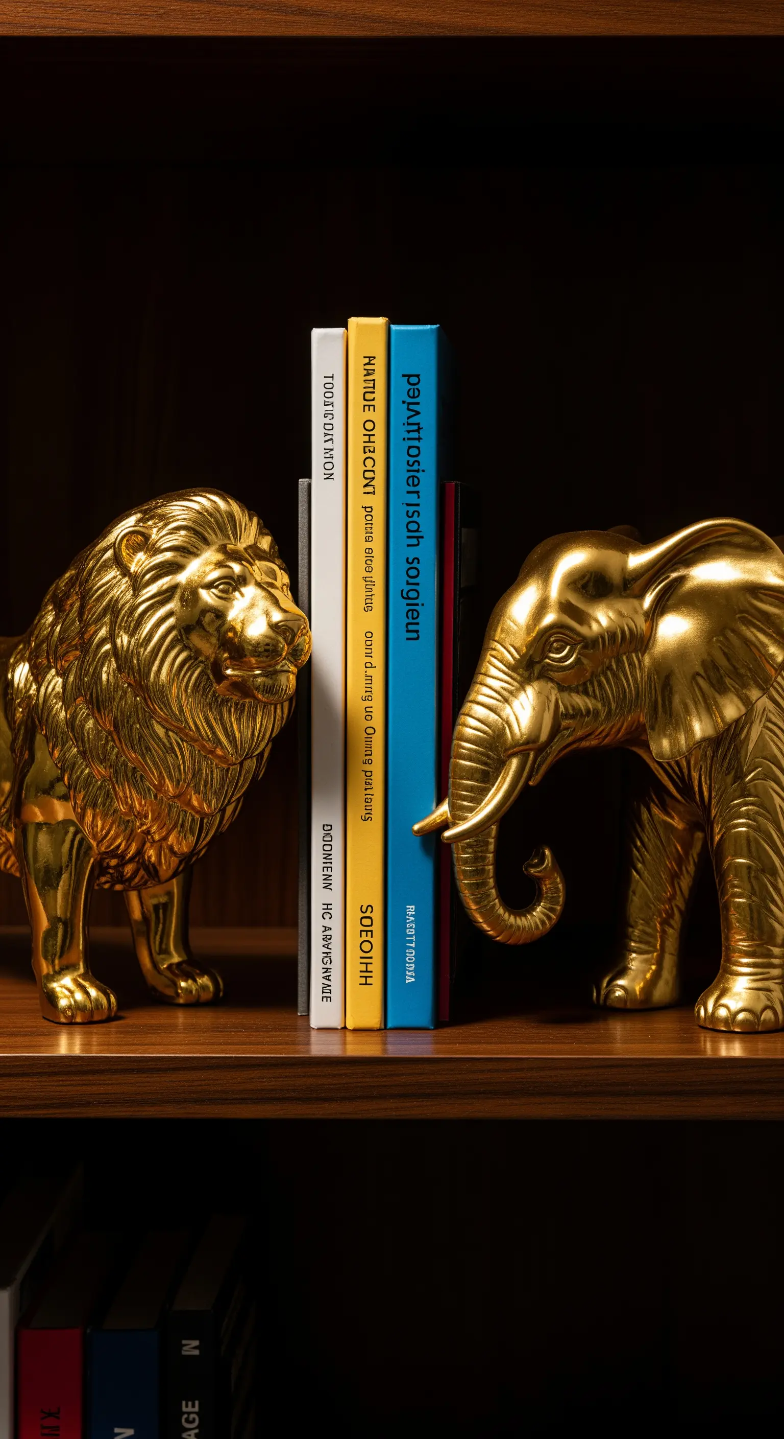 Fermalibri a forma di leone ed elefante verniciati d'oro lucido.
