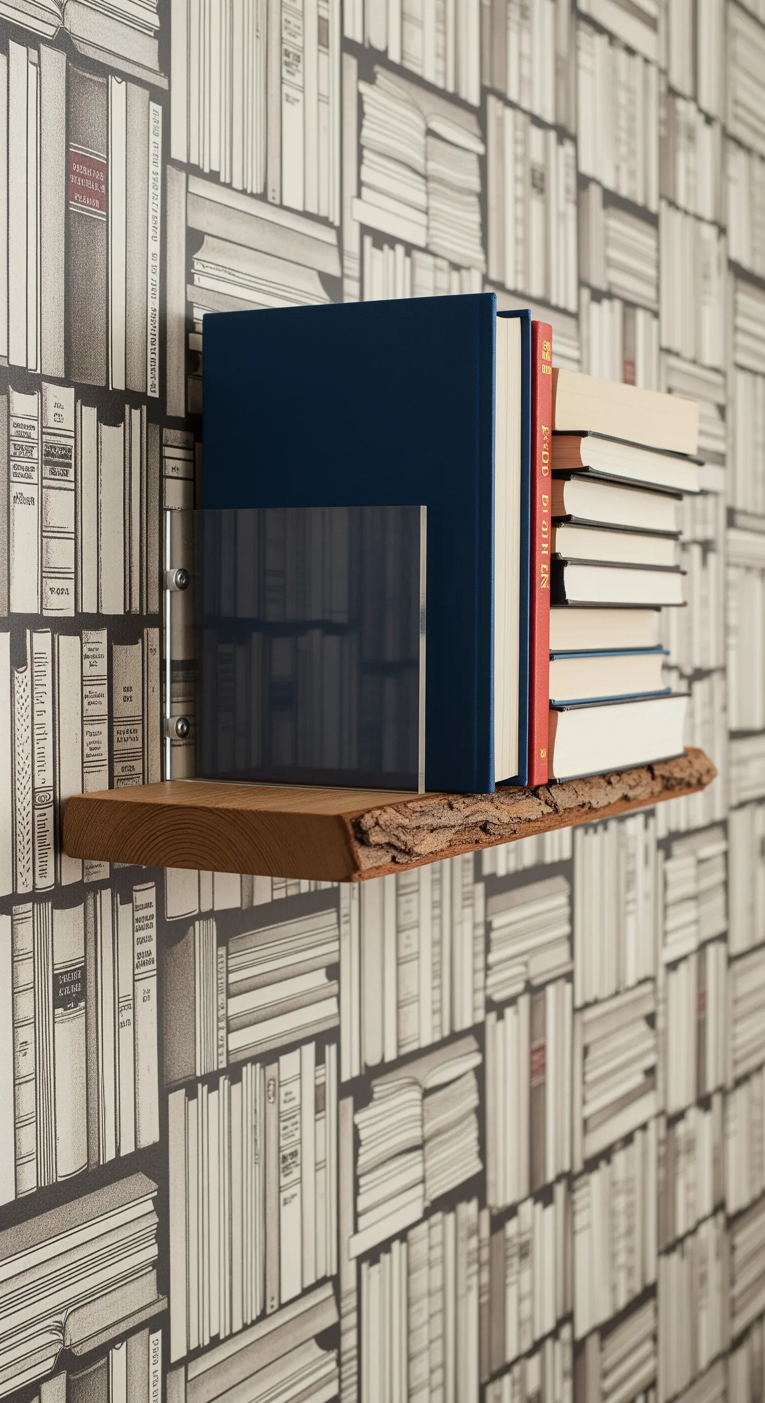Mensola in legno con corteccia, con libri tenuti da un fermalibro scuro, su carta da parati a tema libreria.