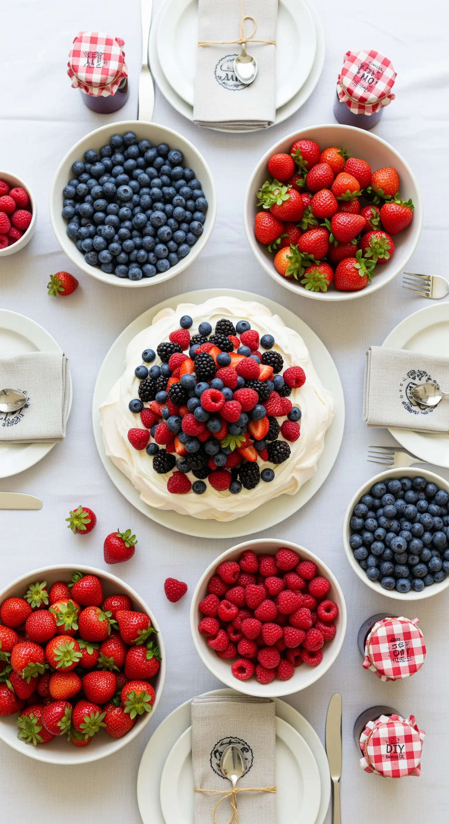 Tavola bianca estiva con una grande pavlova e ciotole di frutti di bosco freschi.